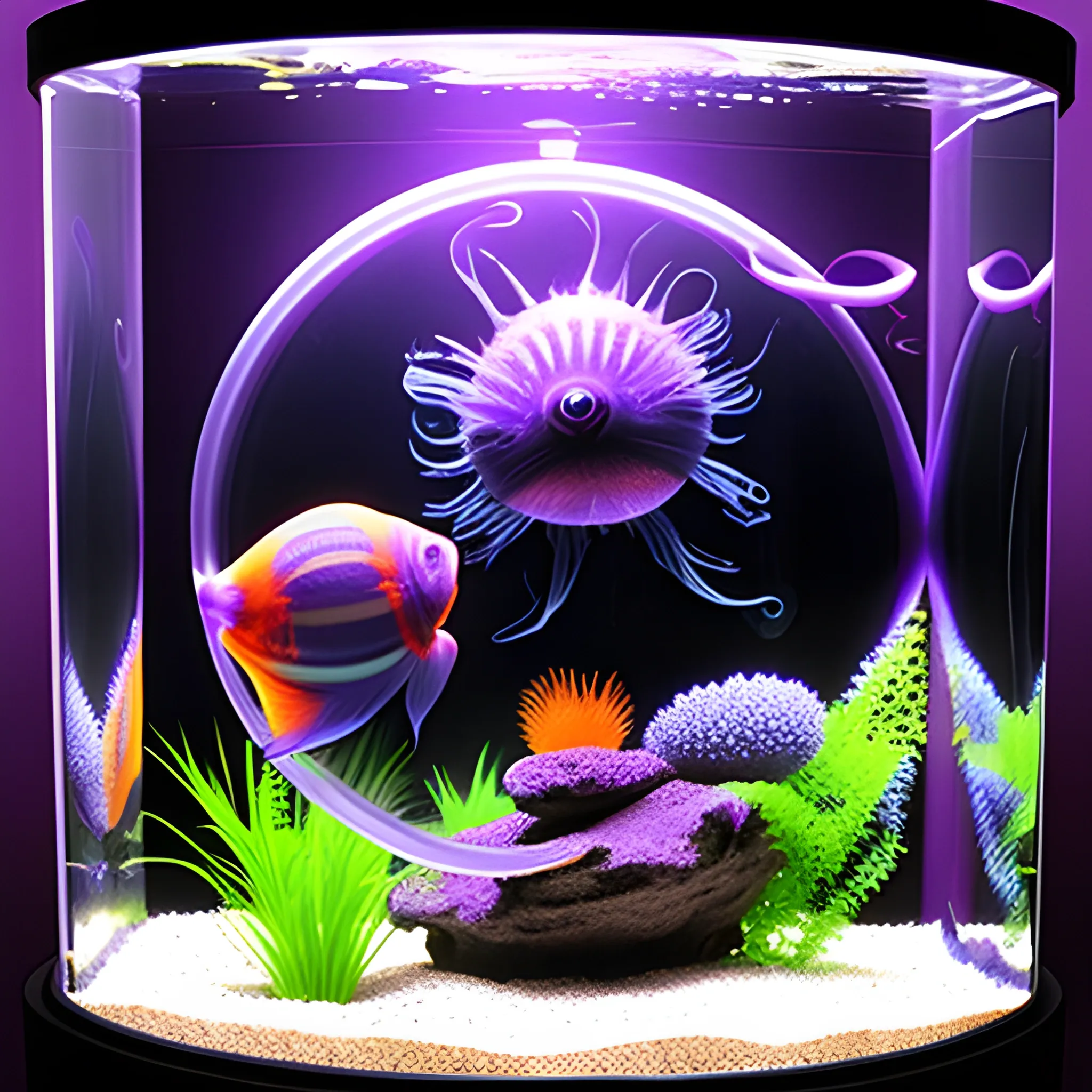 Psychedelic alien purple sphere aquarium. Real fish, surreal atm 