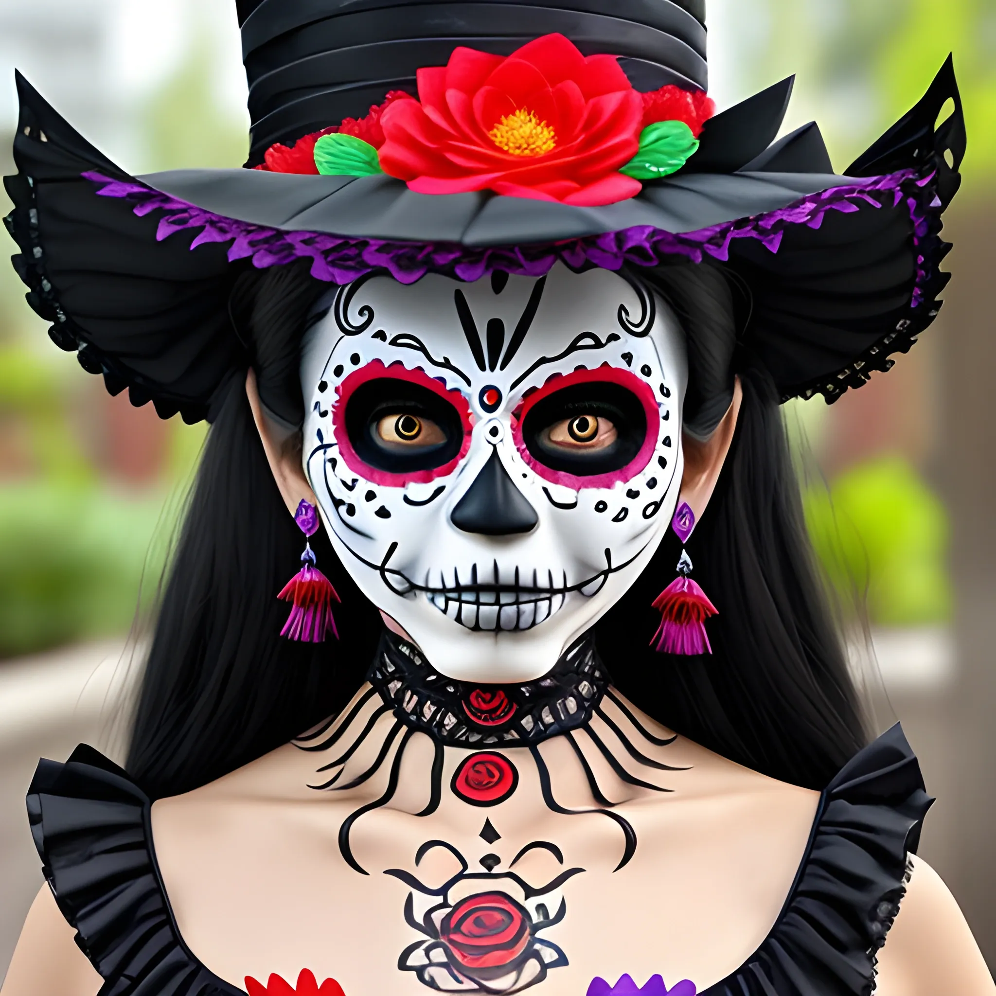 amazing catrina with head turned, day of the dead mask,  realistic and cute face, full color,
