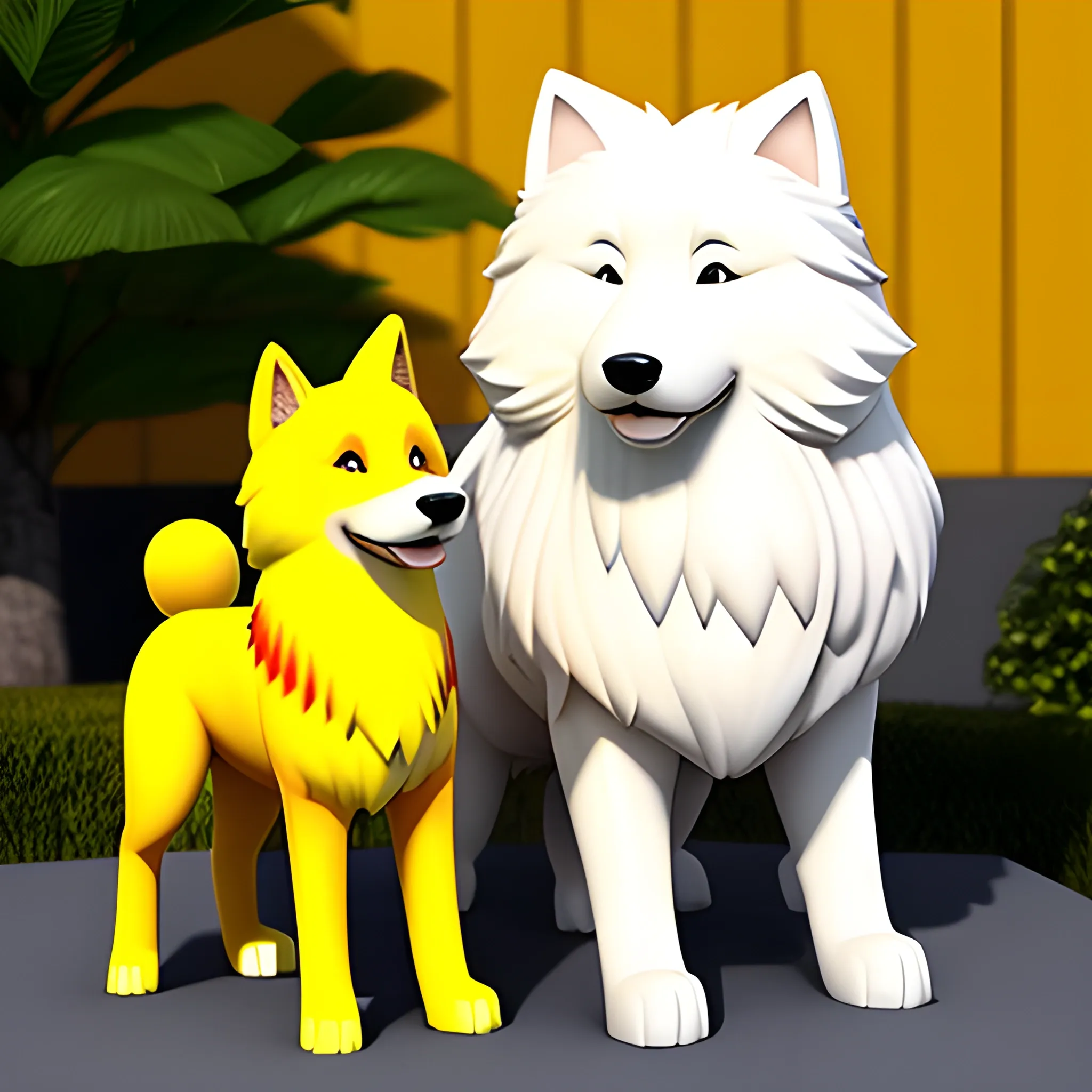 perro samoyedo de 7 años de color blanco, junto a un gato persa de color amarillo y blanco, 3D