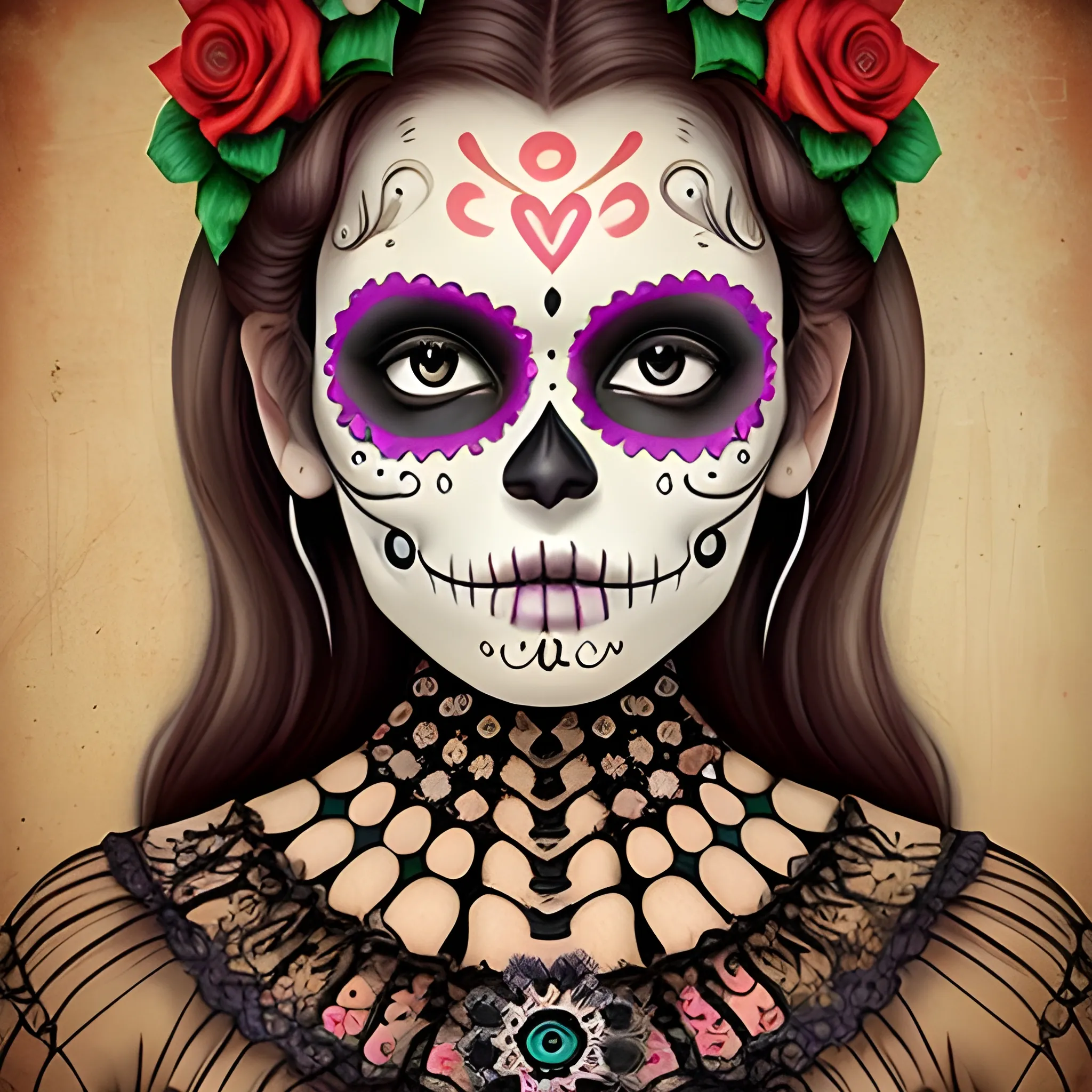 amazing day of the dead decoration for a wall,  realistic and cute, full color,
