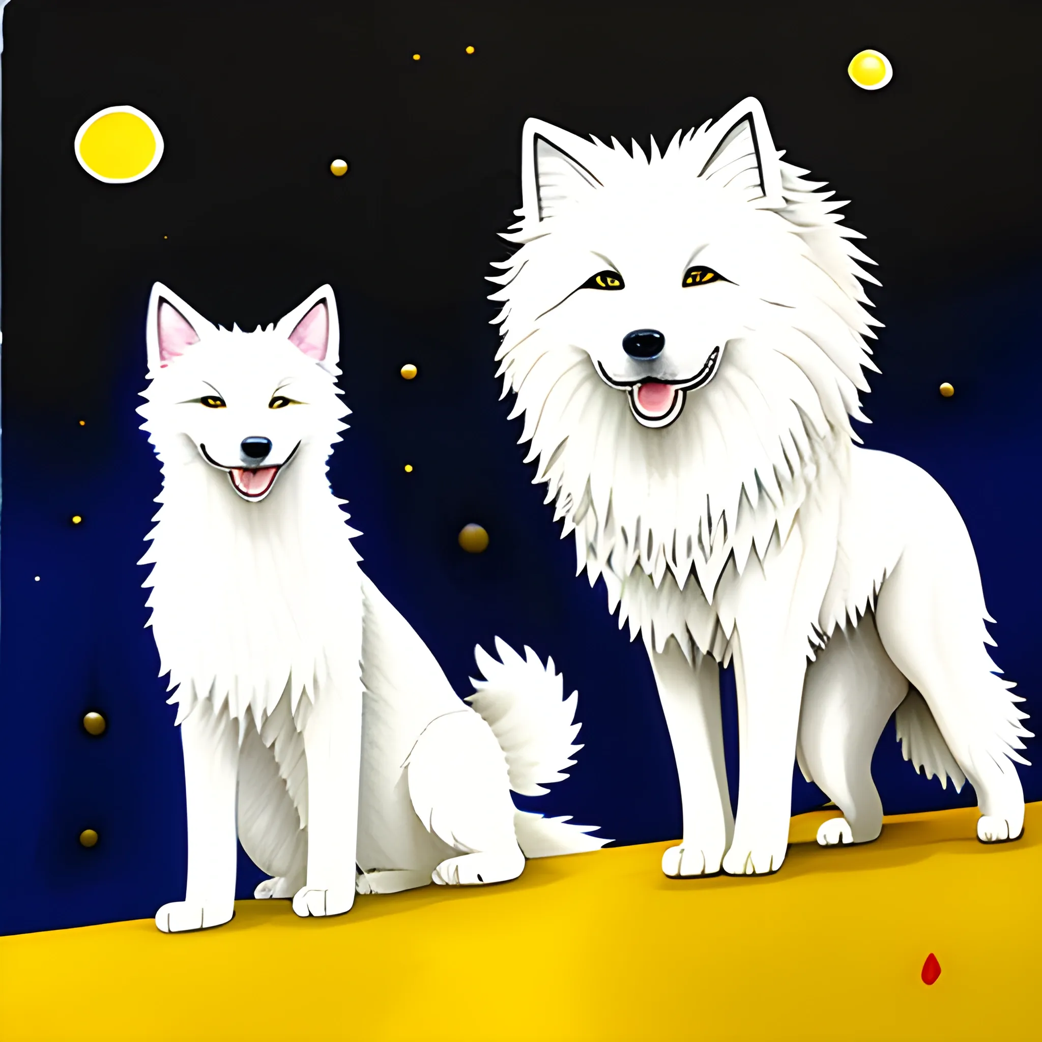 perro samoyedo de 7 años de color blanco, junto a un gato persa de color amarillo y blanco, Water Color, Cartoon, Trippy, Oil Painting, Water Color