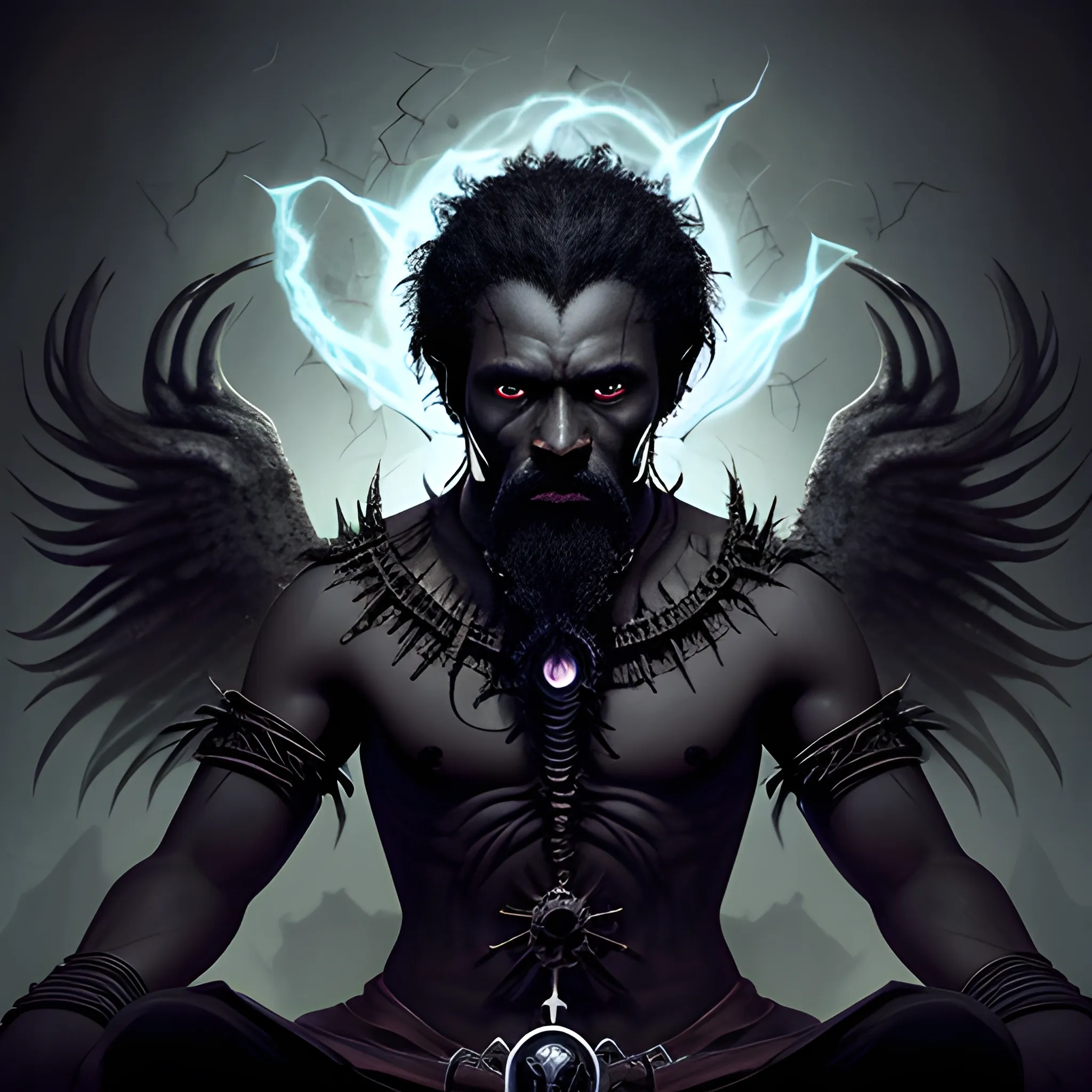 necromancer , dark skin , short black hair , facial hair , tired expression , surrounded by spirits , realistic , magic , dark image , dark magic