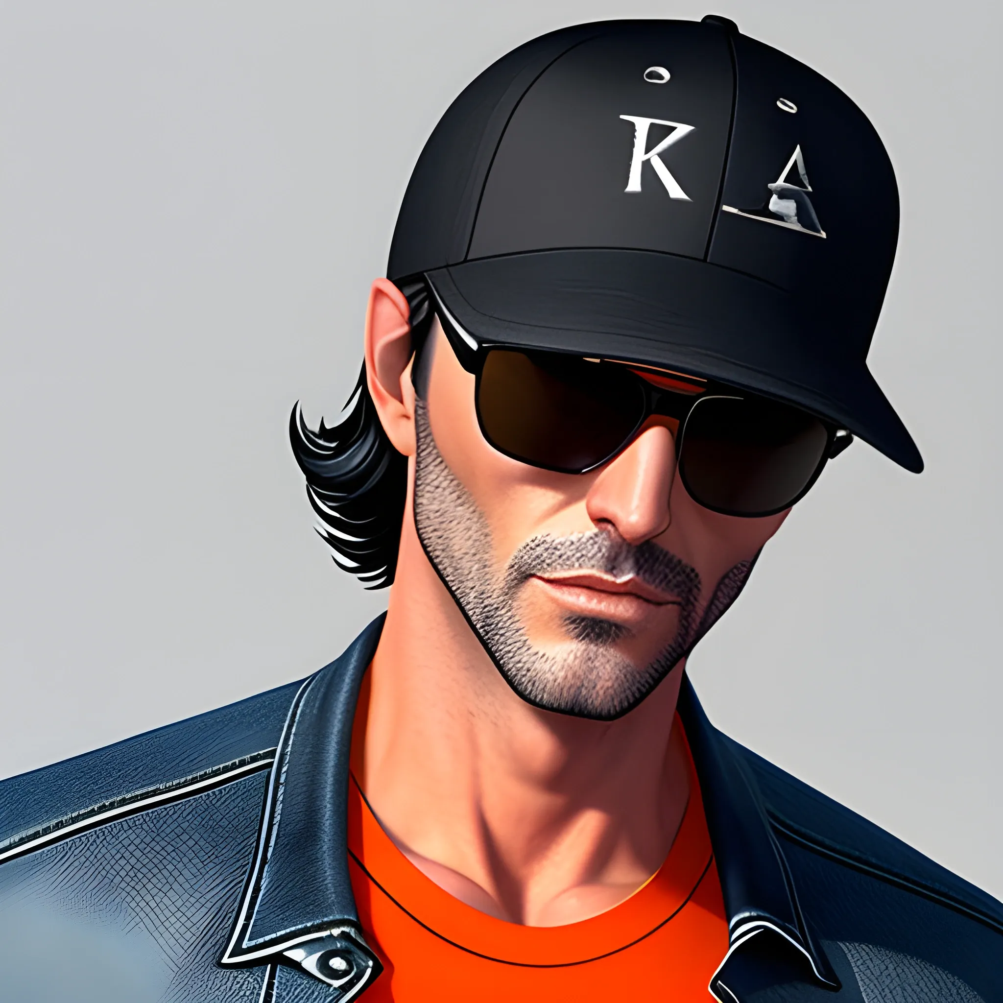 A young sturdy guy with dark hair, wearing a black baseball cap with Sterling written in white letters on the cap, wearing a black t-shirt and a blue denim jacket with two pockets on top. He is wearing orange colored sunglasses over his eyes. The image is of a fictional person at waist height. , 3D