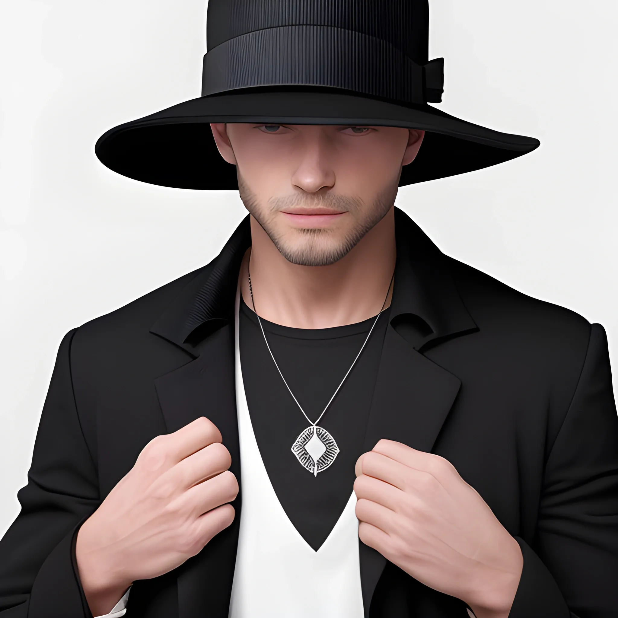 The image shows a man wearing a black hat and a black jacket. The man is standing on a white background and the hat is turned backwards. The hat features the Sterling logo, which gives a stylish look to the garment. The man also has a necklace around his neck which completes the overall look. The scene looks like a close-up of the man, emphasizing his outfit and the details of the hat., 3D