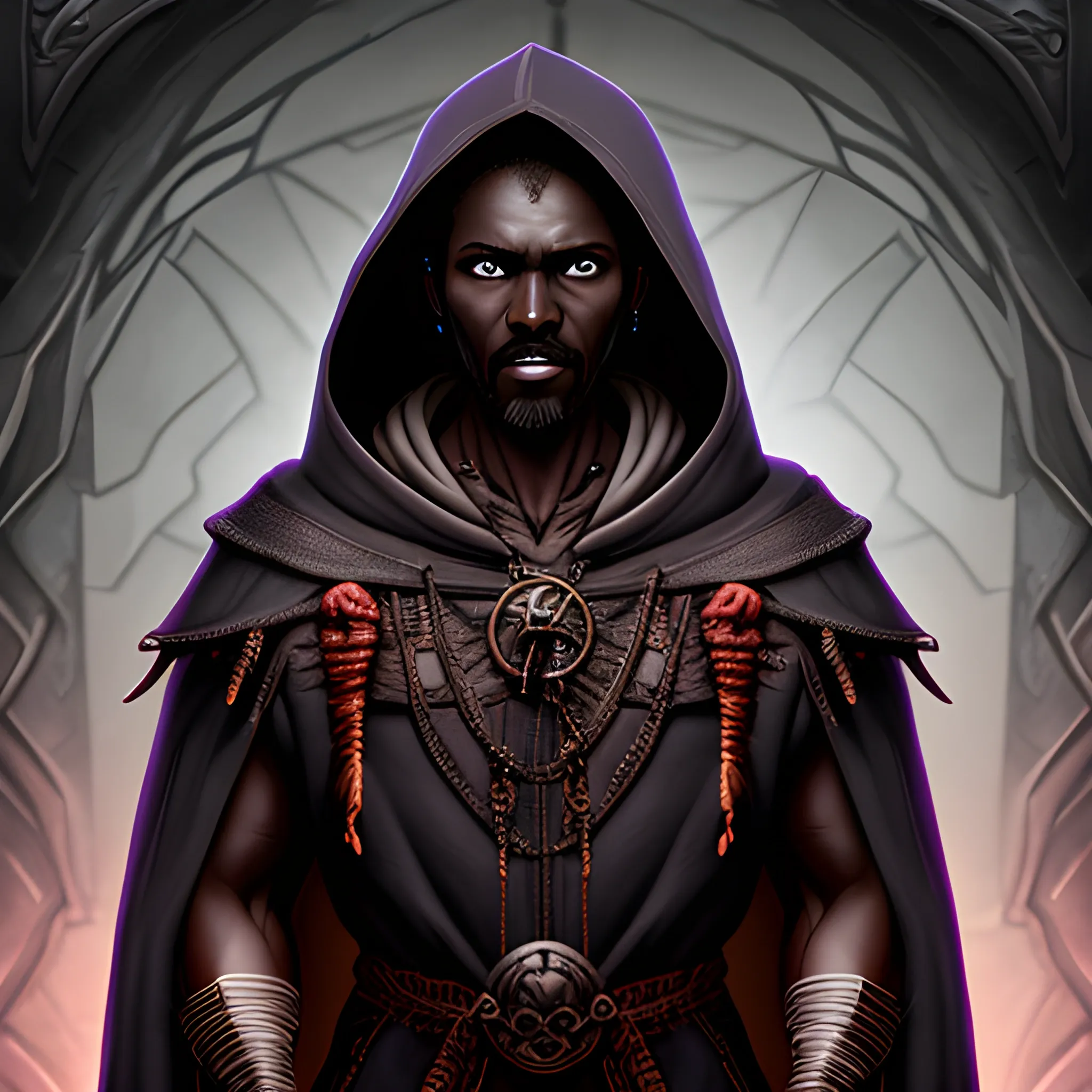 necromancer , dark skin , short facial hair , 30 years old , short hair , fancy hooded robe , tired expression  