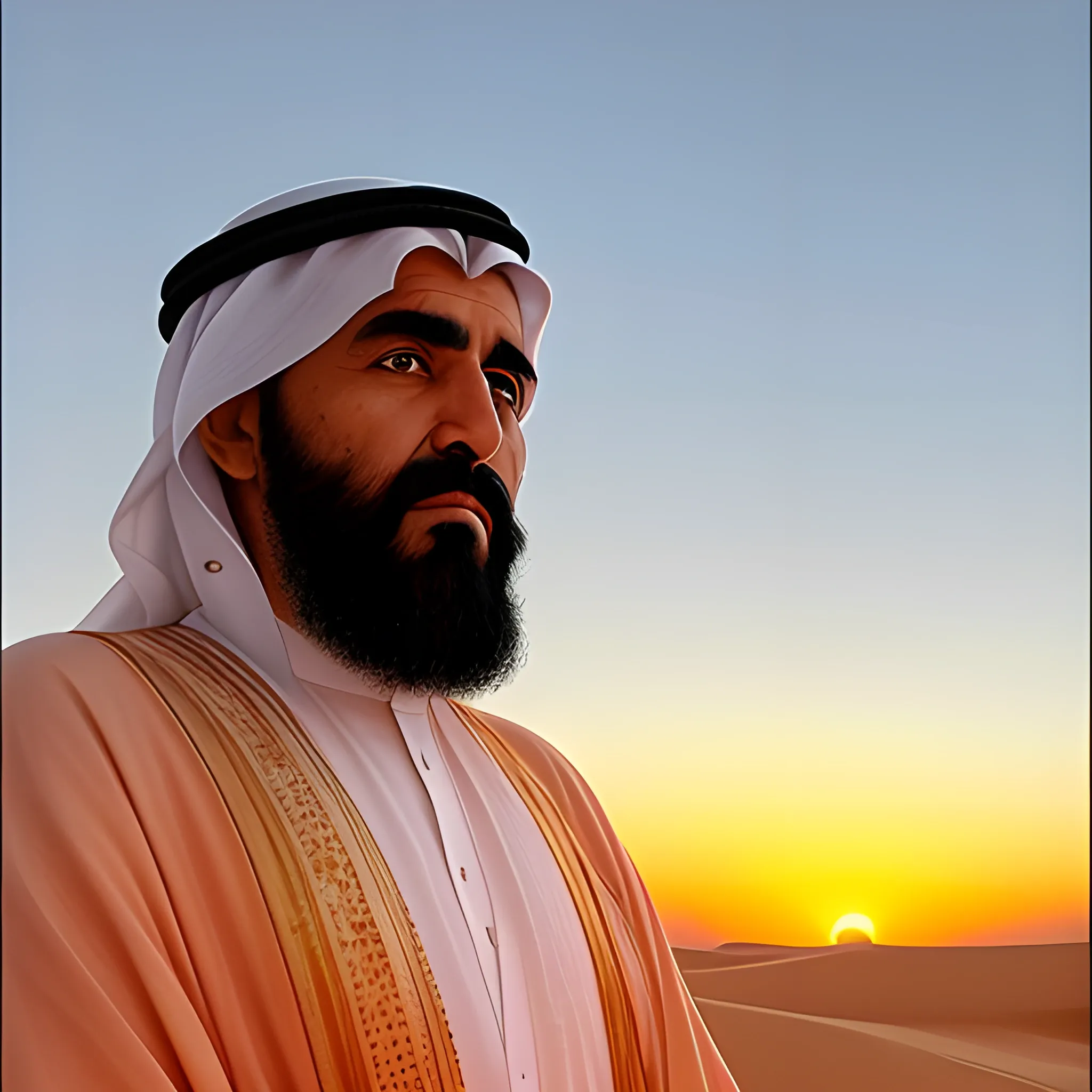 In the Arabian desert at sunset, the image of an Arab sheikh exudes a remarkable sense of dignity. This sheikh can be seen as a symbol of traditional Arab wisdom and strength. Here is a description in English:

The sheikh is seated on the desert sands, with orange and rosy clouds illuminating the evening sky behind him. He is wearing a traditional white woolen robe, a color that symbolizes purity and his heart's cleanliness. His head is left uncovered, allowing him to feel the warm but gentle rays of the setting sun on his forehead.

The sheikh's facial features reflect seriousness and solemnity. He has a long, thick black beard that speaks of years of wisdom and experience. His eyes are deep and dark, contemplating the horizon with focus, reflecting strength and stability. His broad, round forehead exudes wisdom and confidence. Under his eyes, you can see the marks of the long years spent in his journeys across the desert.

The sheikh holds a beautifully carved wooden staff in his left hand, symbolizing authority and leadership. He appears ready to make wise decisions in this tranquil and stunning desert moment.

This Arab sheikh combines beauty, seriousness, and strength, embodying the heritage of the desert and traditional Arab values.