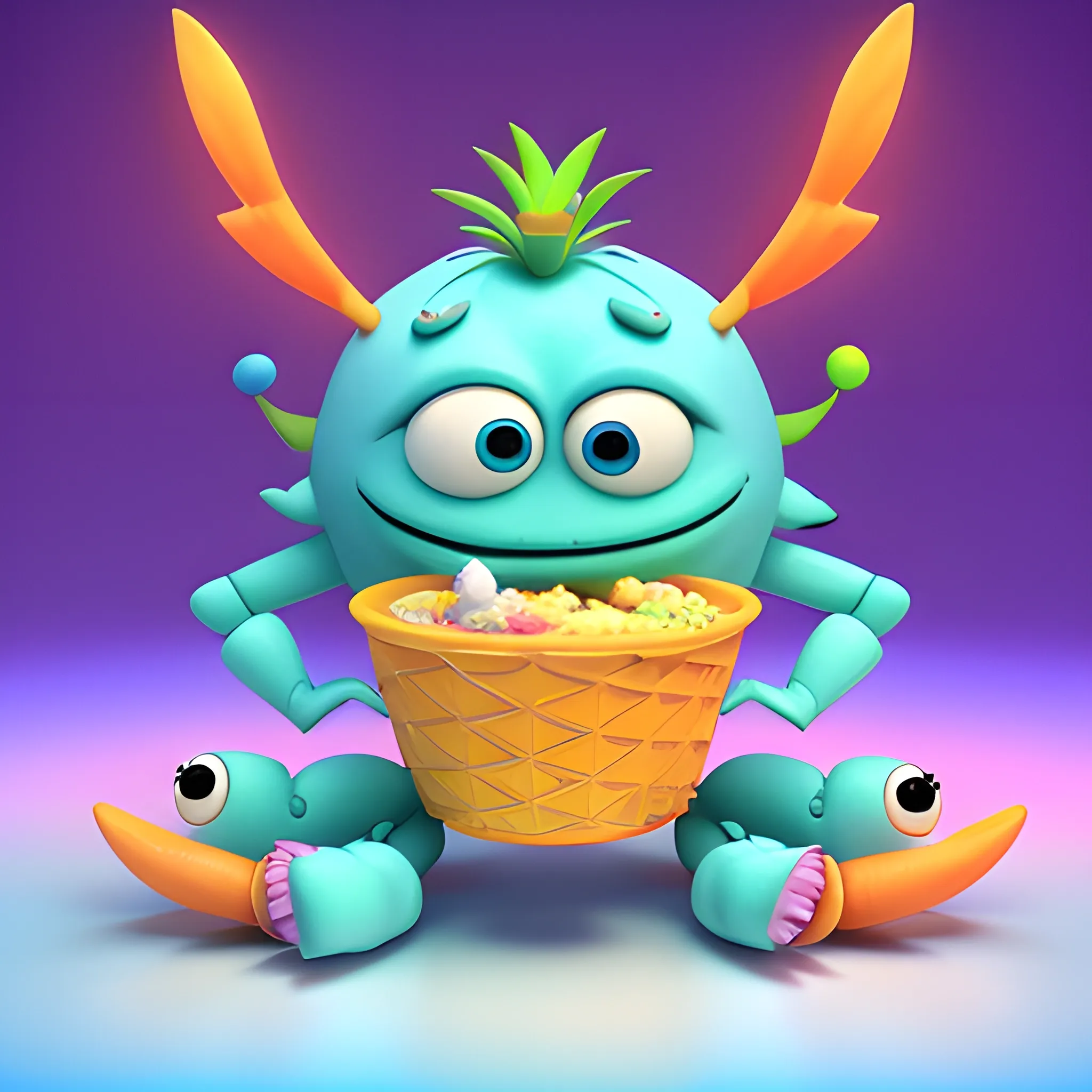 , 3D, Cartoon Cute light ivory blue Monster crab  plush shaggy  with longs tropical wings, eating  pallete ice cream cherry orange with pinaapple, 3D, Hk , kwaii, like monster inc of pixar style, two saturate light filter color