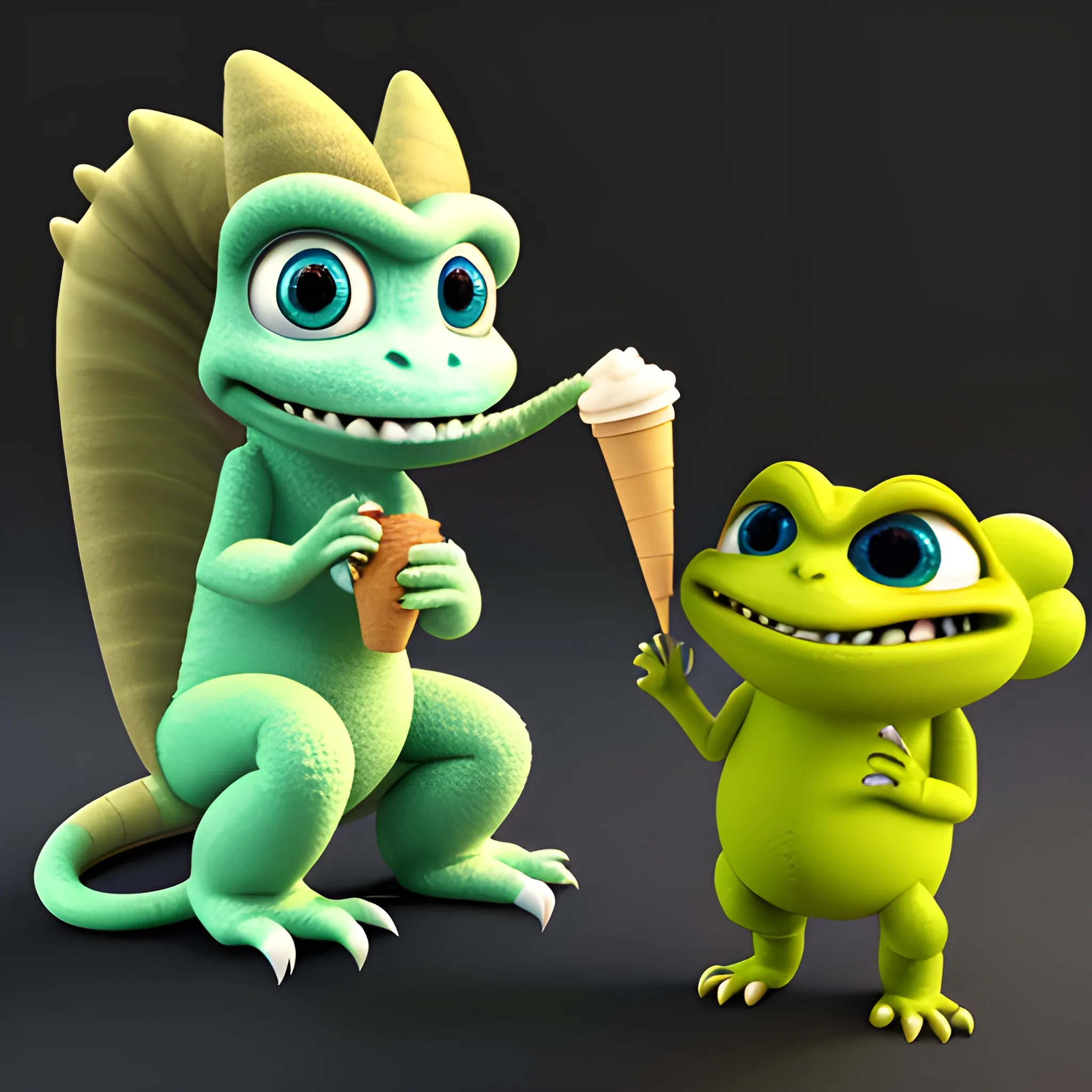 , 3D, Cartoon Cute light ivory Monster lizard  plush shaggy  with longs monkey  tail, eating  pallete ice cream coffee with higs, 3D, Hk , kwaii, like monster inc of pixar style, two saturate light filter color