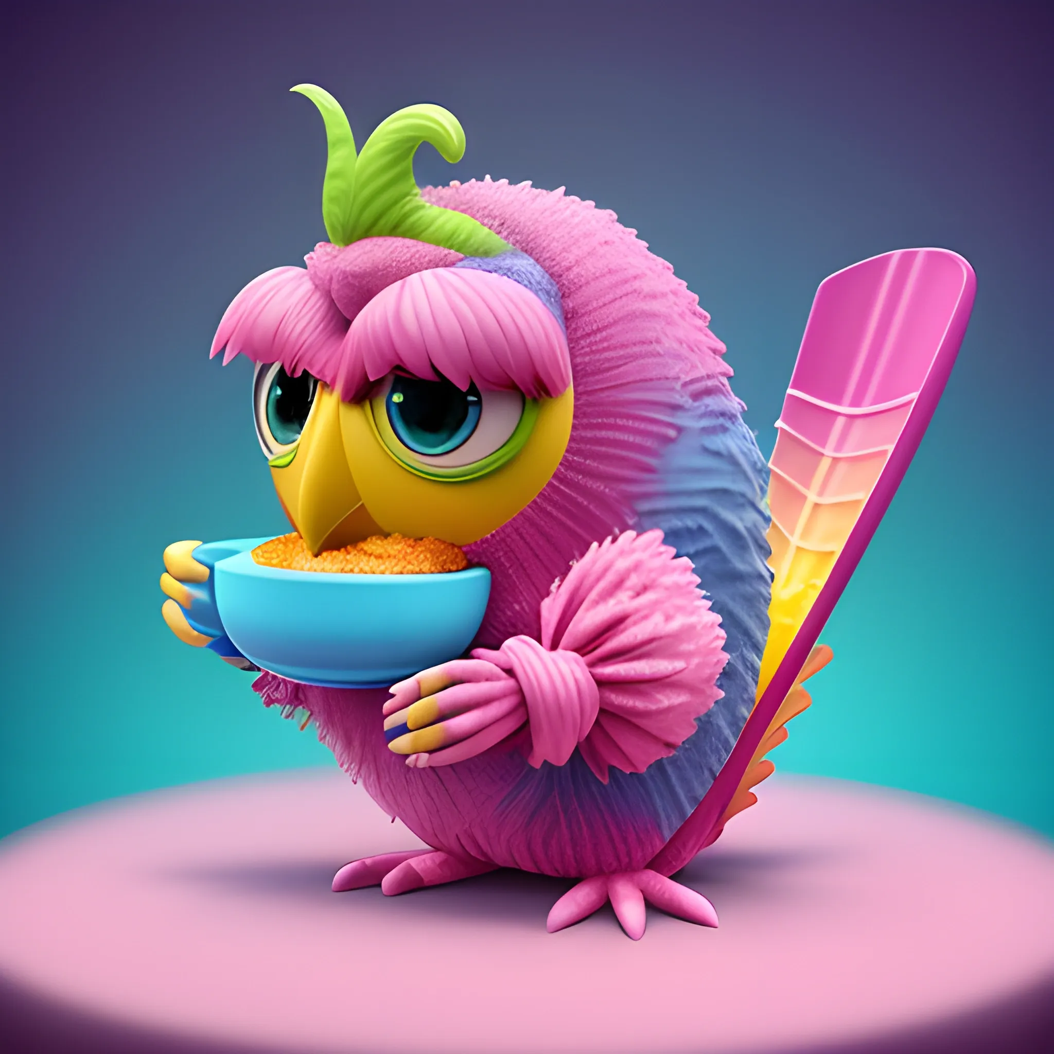 , 3D, Cartoon Cute light magenta Monster parrot  plush shaggy  with colorful fish scale, eating  pallete ice cream coffee with higs, 3D, Hk , kwaii, like monster inc of pixar style, two saturate light filter color