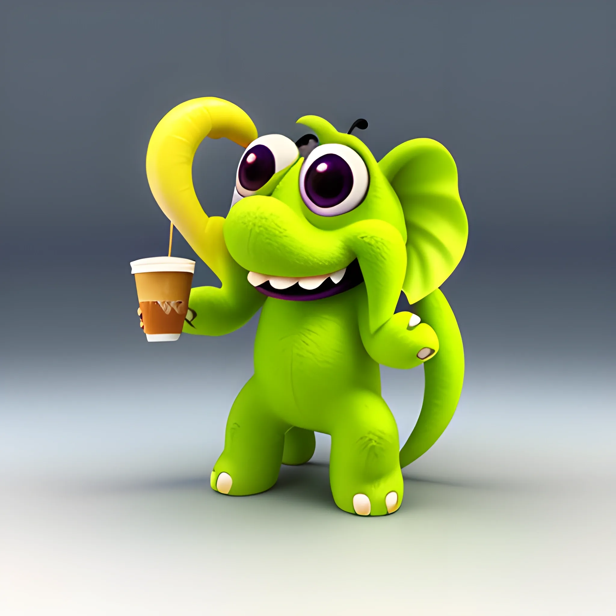 , 3D, Cartoon Cute light lime Monster baby elefant plush shaggy  with colorful butterfly wings, eating  pallete ice cream coffee with higs, 3D, Hk , kwaii, like monster inc of pixar style, two saturate light filter color