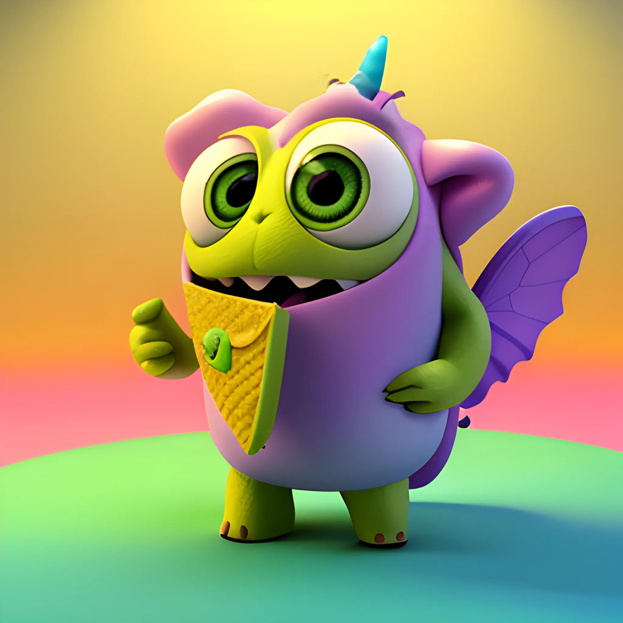 , 3D, Cartoon, Cute light lime Monster baby elefant, plush shaggy  body, with colorful butterfly wings on the bag, eating  pallete ice cream coffee with higs, 3D, Hk , kwaii, like monster inc of pixar style, two saturate light filter color