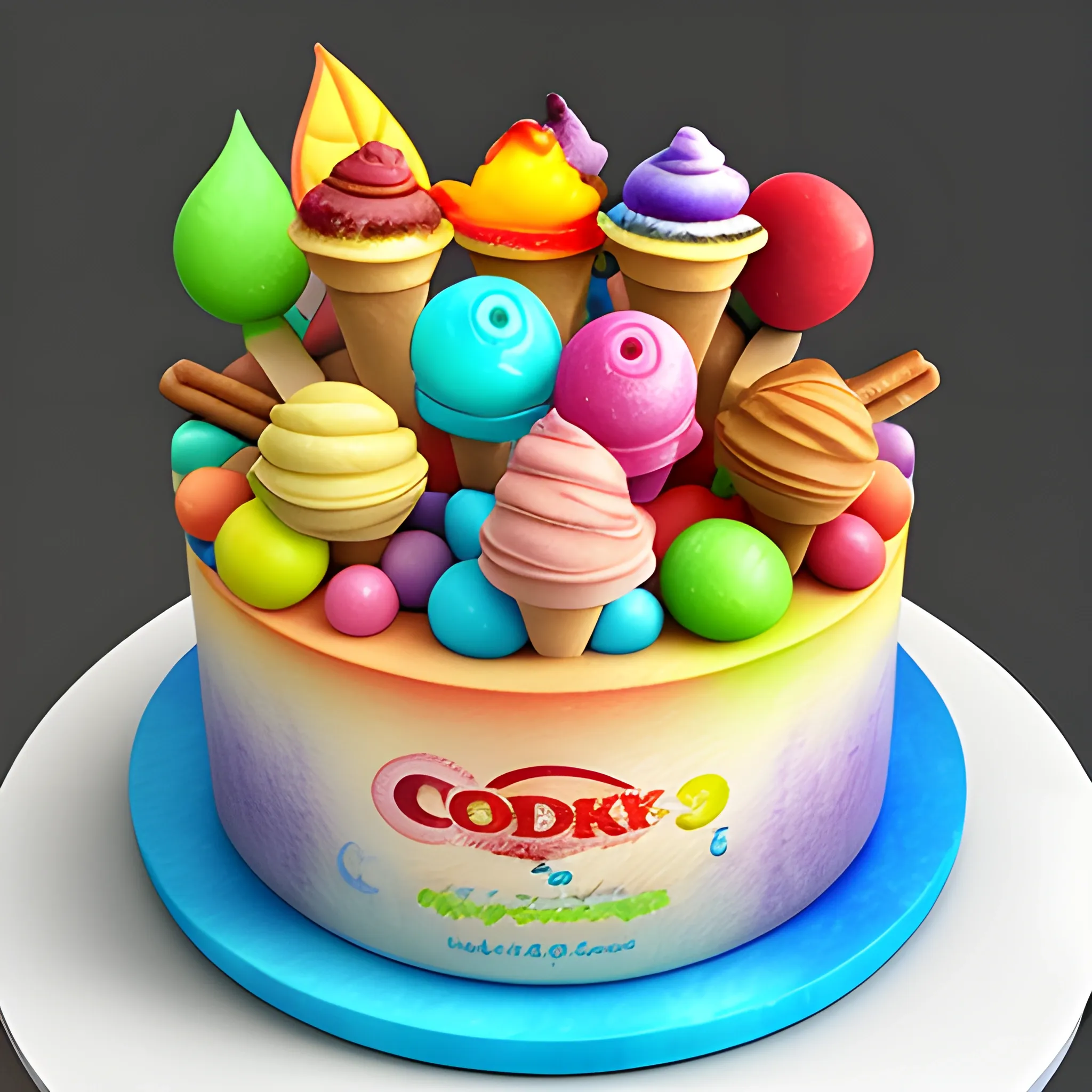 3D, Water Color,  pixar style,  cockies, ice creams, cakes,  candys, colorful, full of flavours 