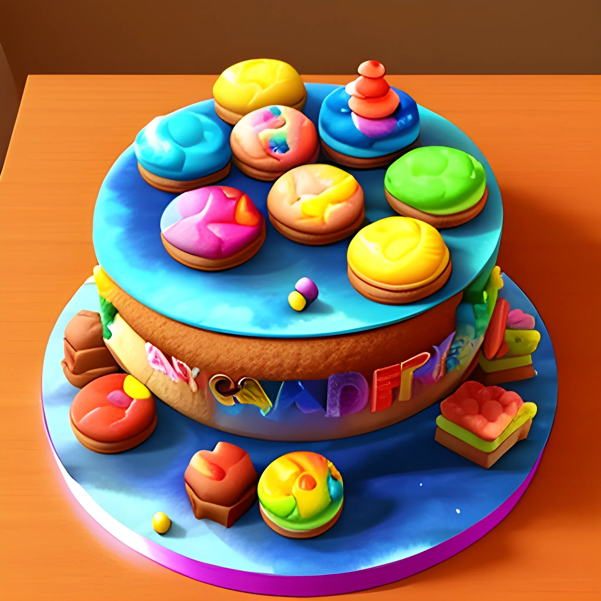 3D, Water Color,  pixar style,  5cookies, 3 big ice creams, 1 pieces cakes,  8 candys, colorful, full of flavours 