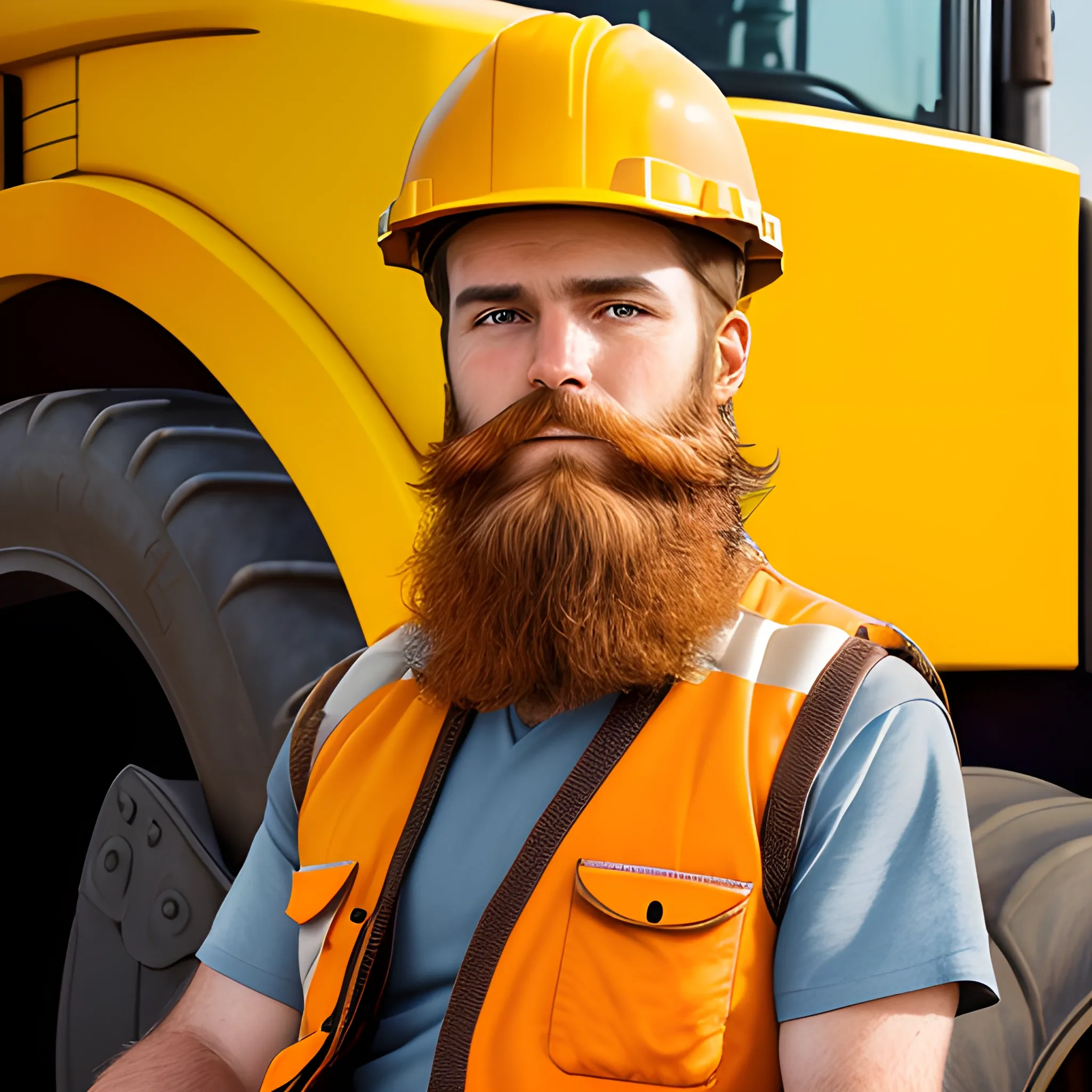 portrait, man, closed beard, brown eyes, orange vest mining helmet, robust build, logo on vest that says argonautgold, brown hair, blue pants, sitting in a yellow caterpillar tractor-trailer, , 3D