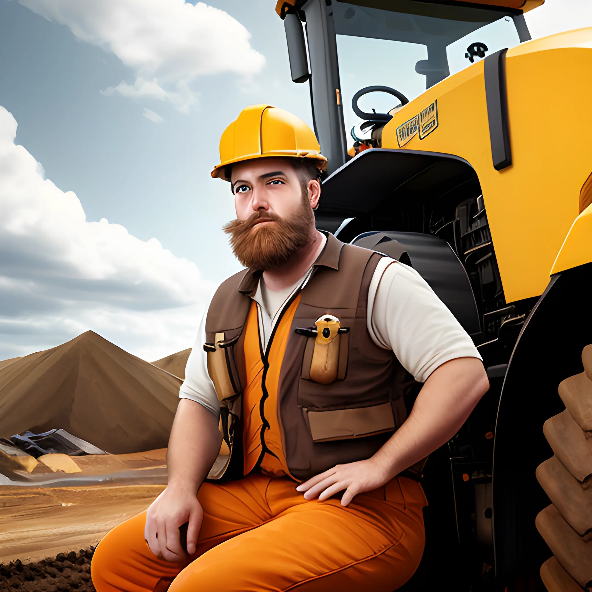 
portrait, man, short closed beard, brown eyes, white mining helmet, orange vest, robust build, logo on vest that says argonautgold, dark brown hair, blue pants, sitting in a yellow caterpillar tractor truck, full body, mining pit in the background, cloudy sky, angry face, 3D