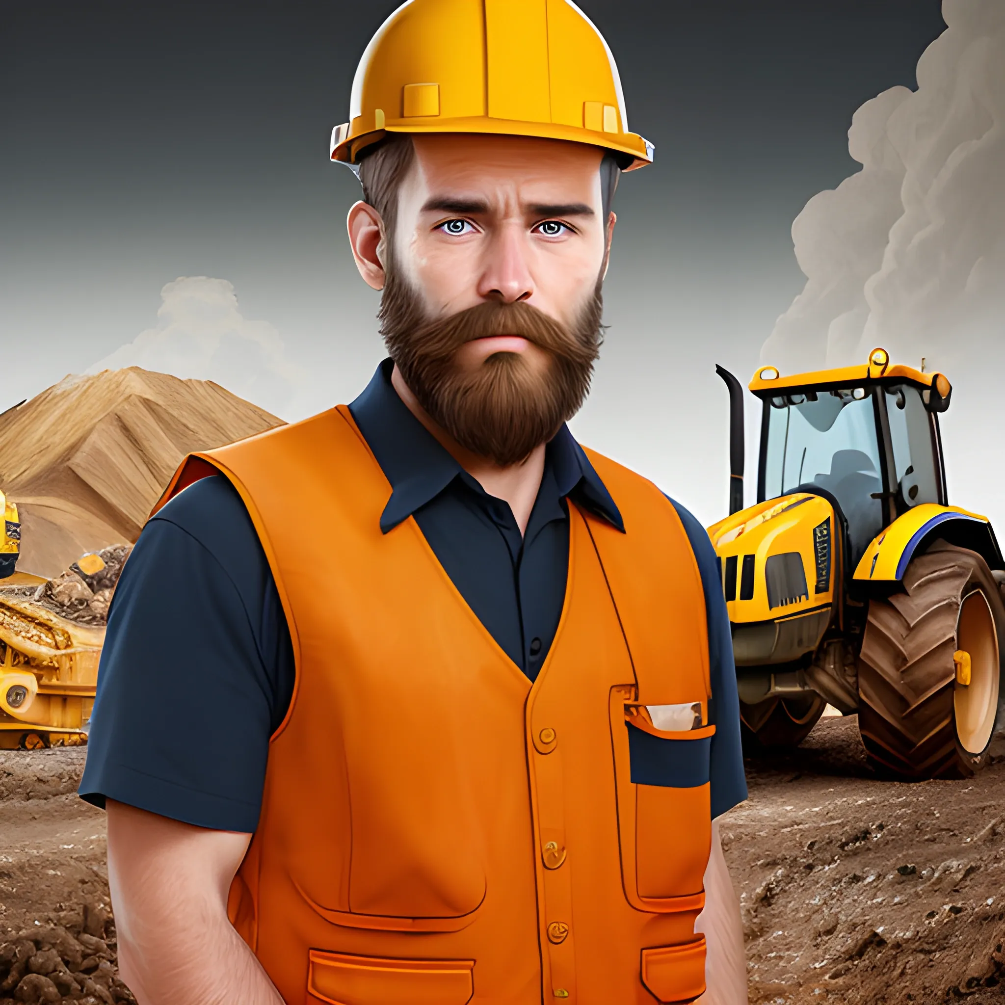 
portrait, man, short closed beard, brown eyes, white mining helmet, orange vest, robust build, logo on vest that says argonautgold, dark brown hair, blue pants, sitting in a yellow caterpillar tractor truck, full body, mining pit in the background, cloudy sky, angry face, 3D, Pencil Sketch