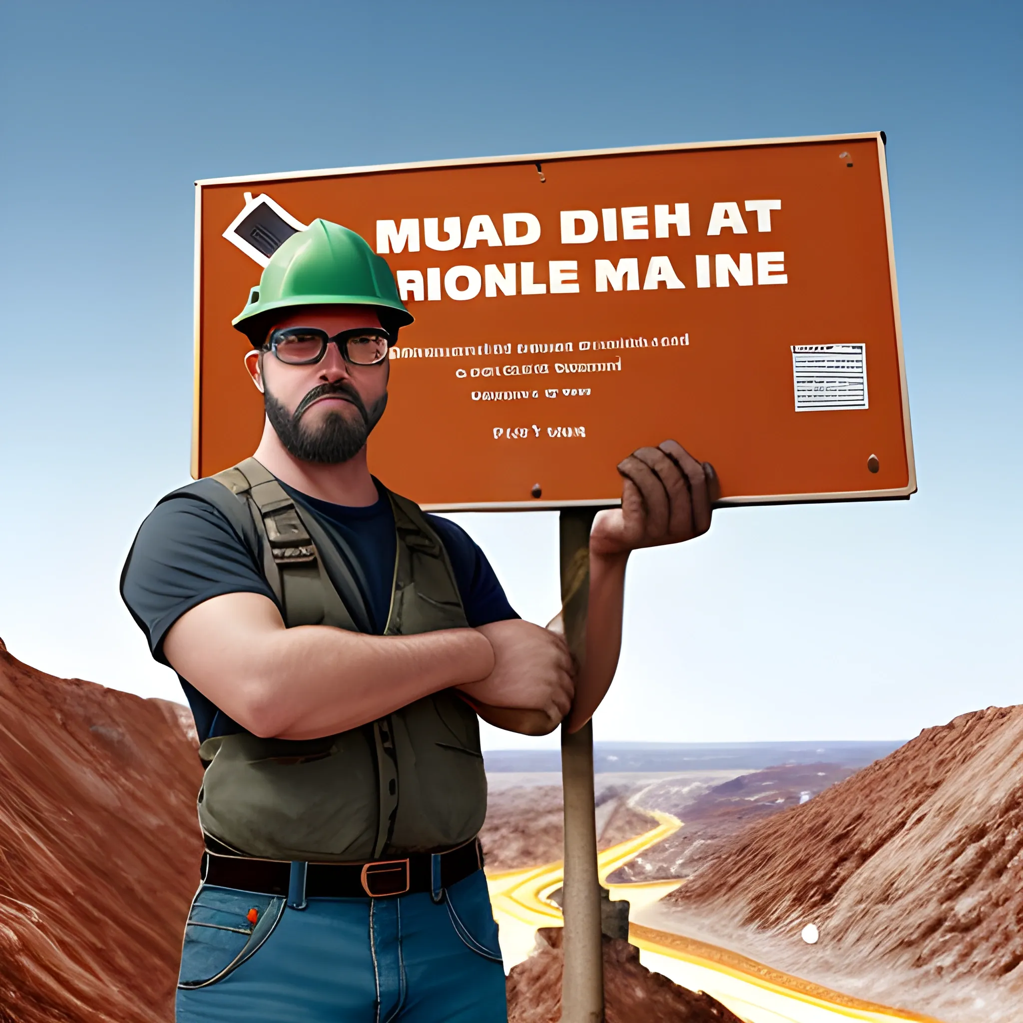 Behind him you can see the landscape of the open pit mine, where various levels of depth and extension can be seen. The land is reddish and dry, with some stones and scattered bushes. Several trucks and machinery are seen working to extract minerals, raising clouds of dust. The sky is blue with some white clouds, which contrast with the color of the earth. In the background you can see a green sign with white letters that says “La Colorada”, the name of the mine where the man works. The man is of medium build, with a short bushy beard, an orange vest, a black long-sleeved camisole, a white mining helmet and safety glasses. The man has a serious and focused expression, and holds a black communication radio with an antenna in his right hand. The man is smaller and next to the sign, as if he were part of it. create an image like disney pixar, 3D