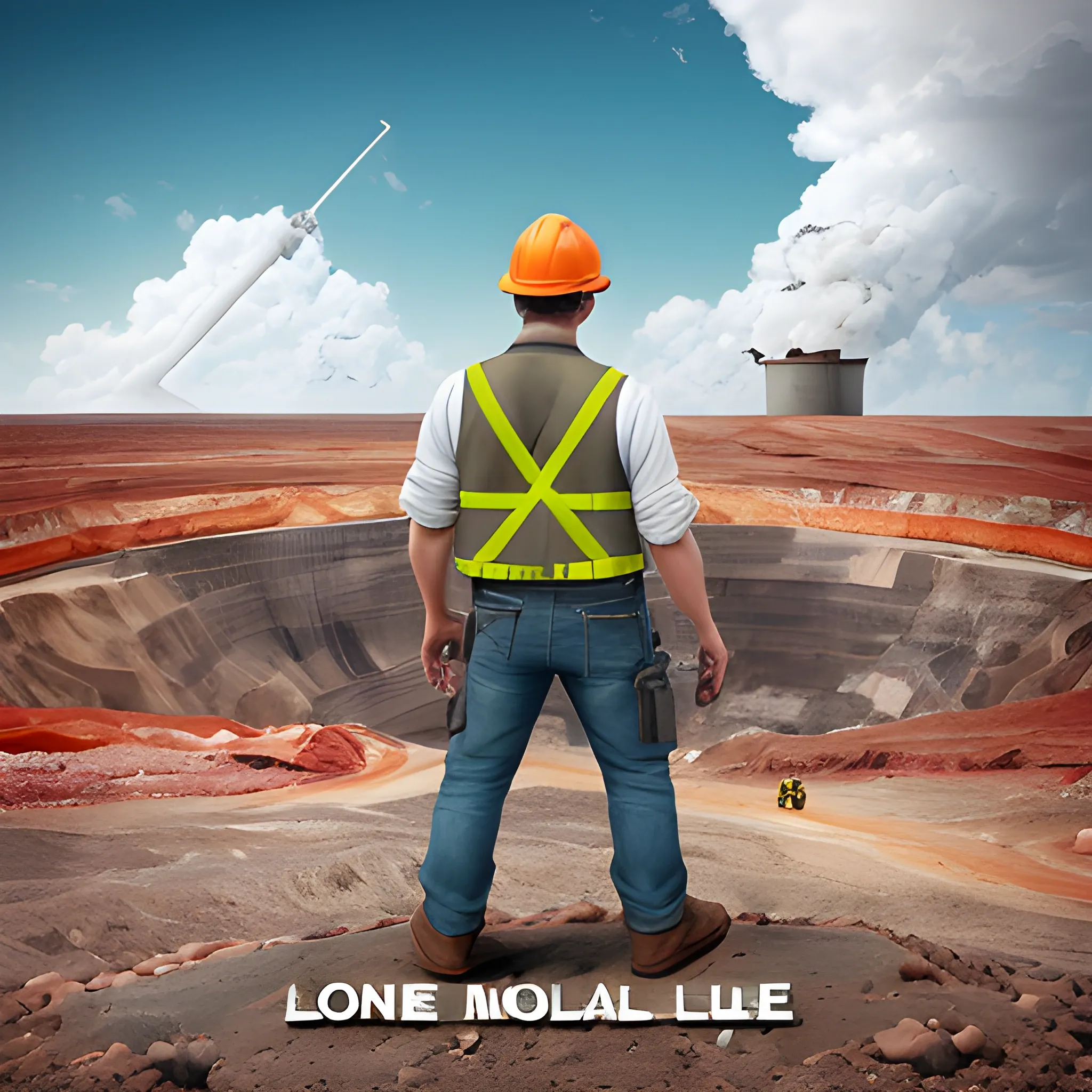 Behind him you can see the landscape of the open pit mine, where various levels of depth and extension can be seen. The land is reddish and dry, with some stones and scattered bushes. Several trucks and machinery are seen working to extract minerals, raising clouds of dust. The sky is blue with some white clouds, which contrast with the color of the earth. In the background you can see a green sign with white letters that says “La Colorada”, the name of the mine where the man works. The man is of medium build, with a short bushy beard, an orange vest, a black long-sleeved camisole, a white mining helmet and safety glasses. The man has a serious and focused expression, and holds a black communication radio with an antenna in his right hand. The man is smaller and next to the sign, as if he were part of it. create an image like disney pixar, 3D, Pencil Sketch