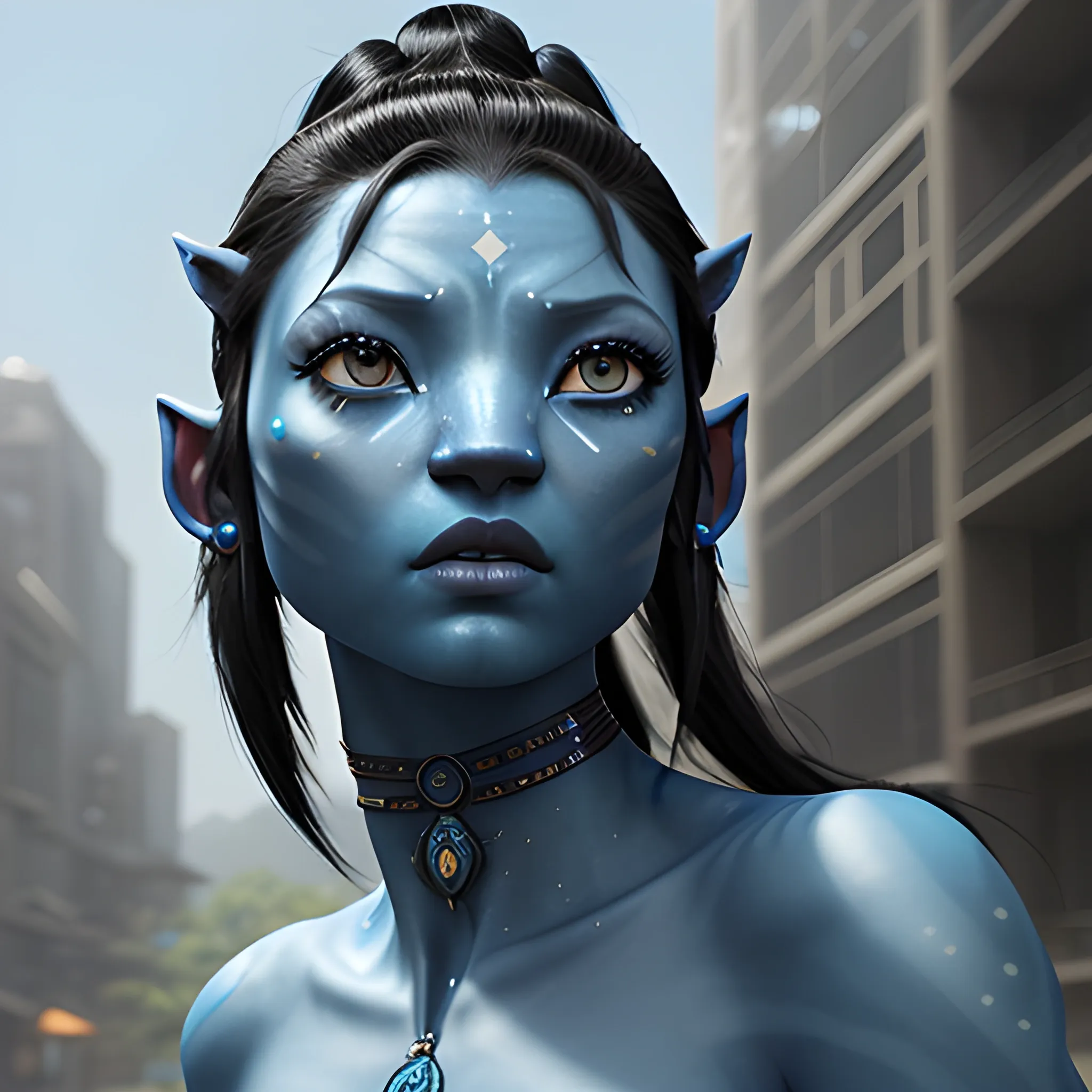 Avatar movie beautiful omataciya woman,,blue skin,black hair, cinematic shot, intricate, photorealistic, artstation, realistic, 100 mm, photography, octane, high definition, depth of field, bokeh, 8k,full face,hyper realistic,super realistic,hyper detailed