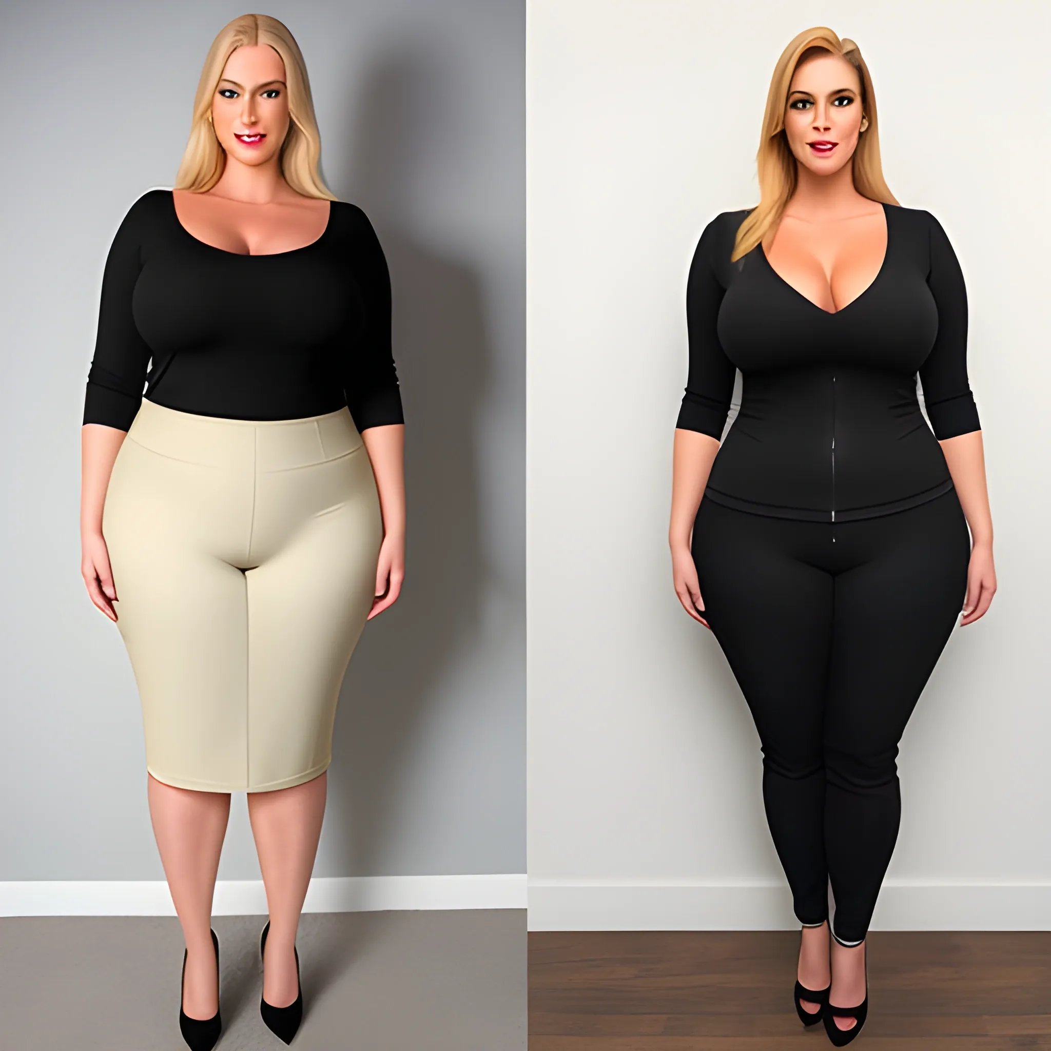 large 8ft tall friendly blonde plus size young girl with small head and broad shoulders, slim hips and big long legs 