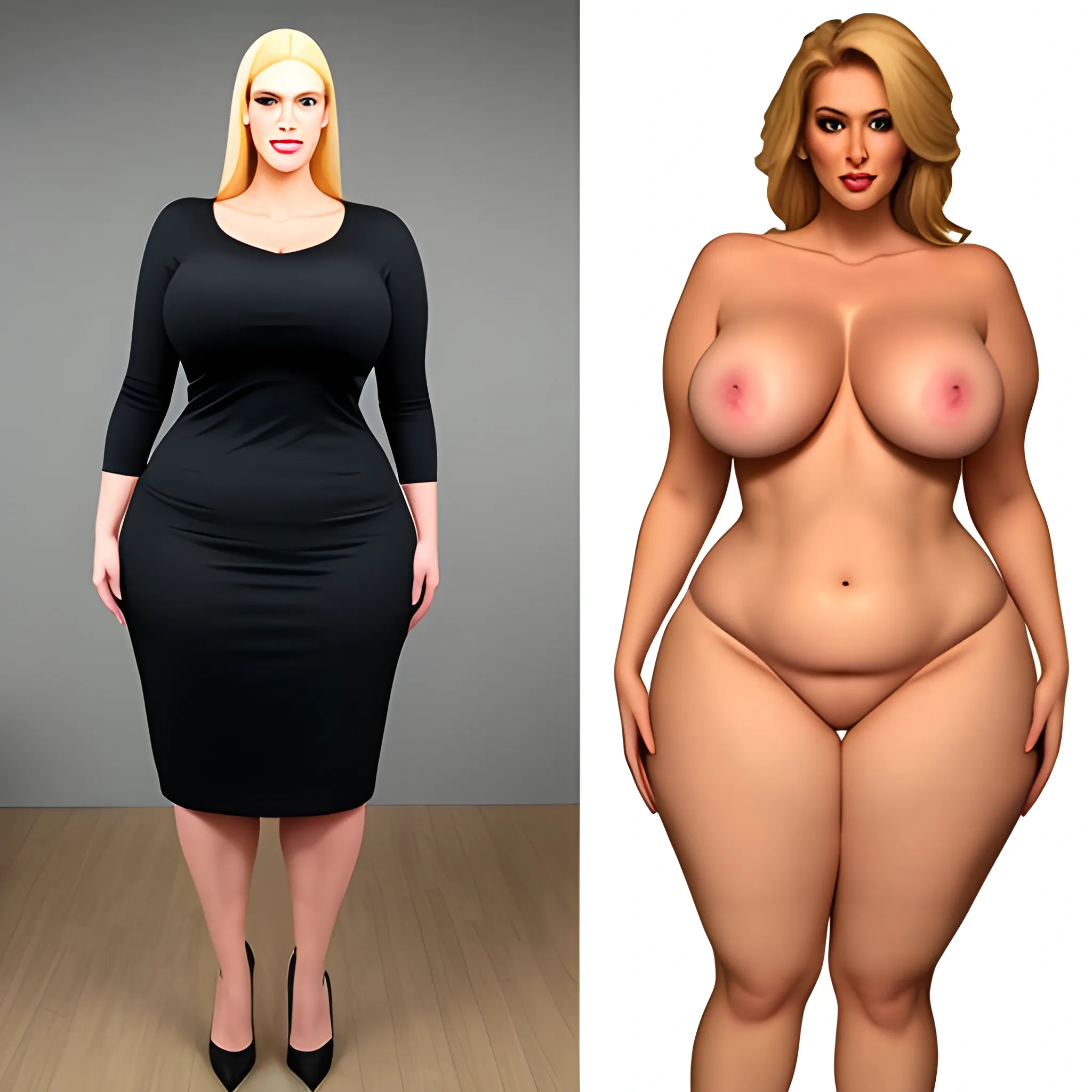 large 8ft tall friendly blonde plus size young girl with small head and broad shoulders, slim hips and big long legs 