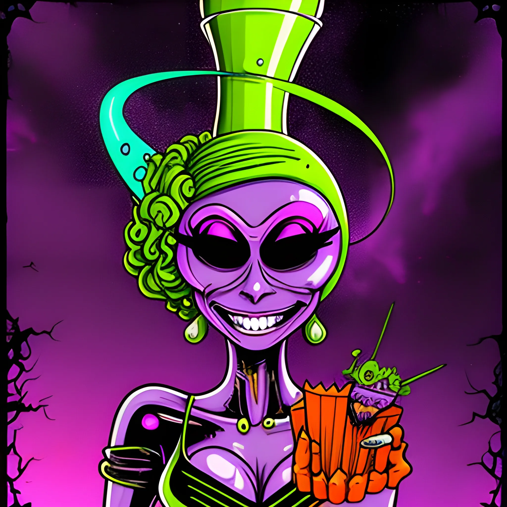 dayglo orange, neon grape purple, chartreuse green, Halloween, amethyst smoking skater girl, combine the styles of Munk One and Alex Pardee, trending on deviantart, lowbrow, heavy metal tshirt design, big smile picture, on a black background, luminous color sparkles, nebula sky
