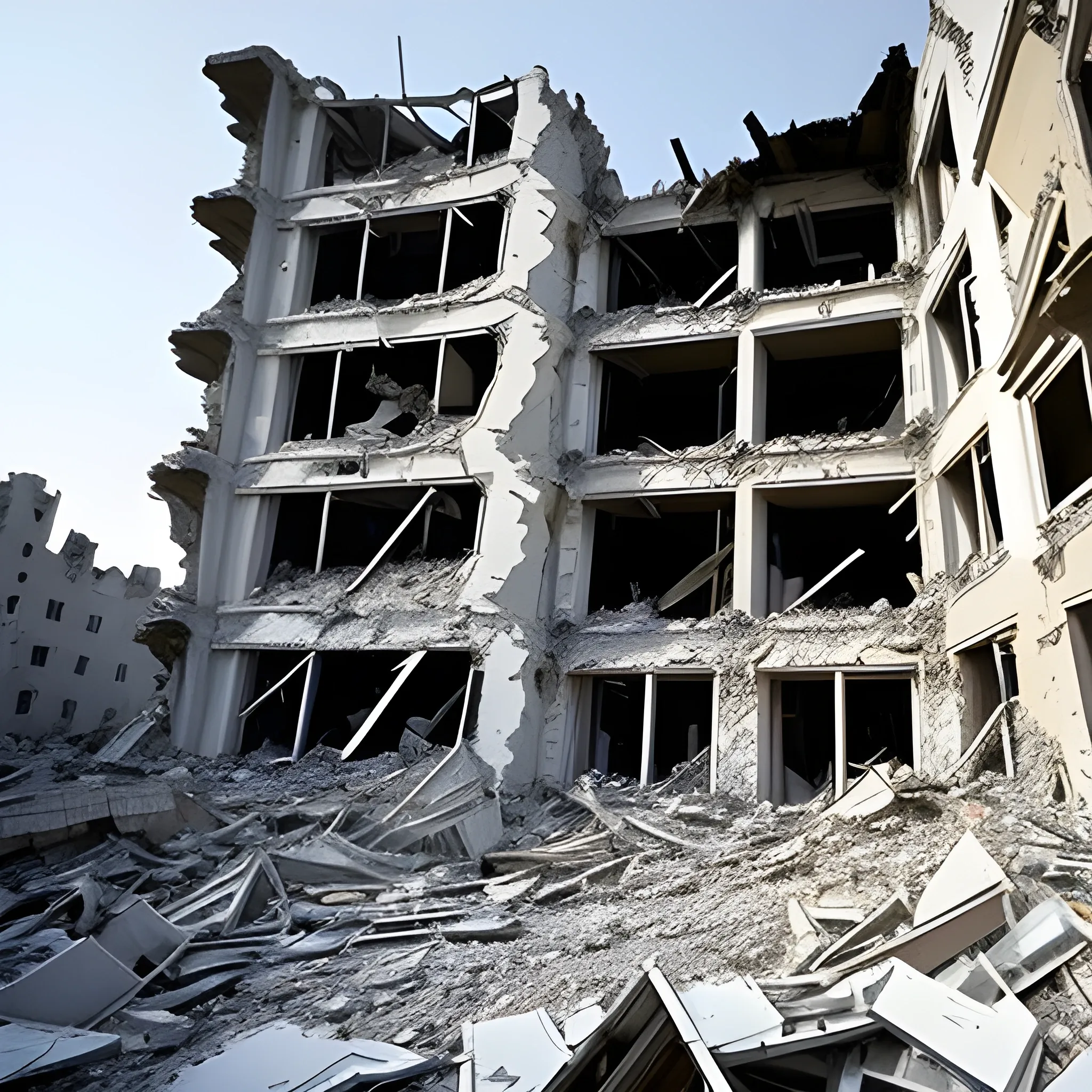 Collapsed buildings during the war, suffering boy in the ruins, and perseverance