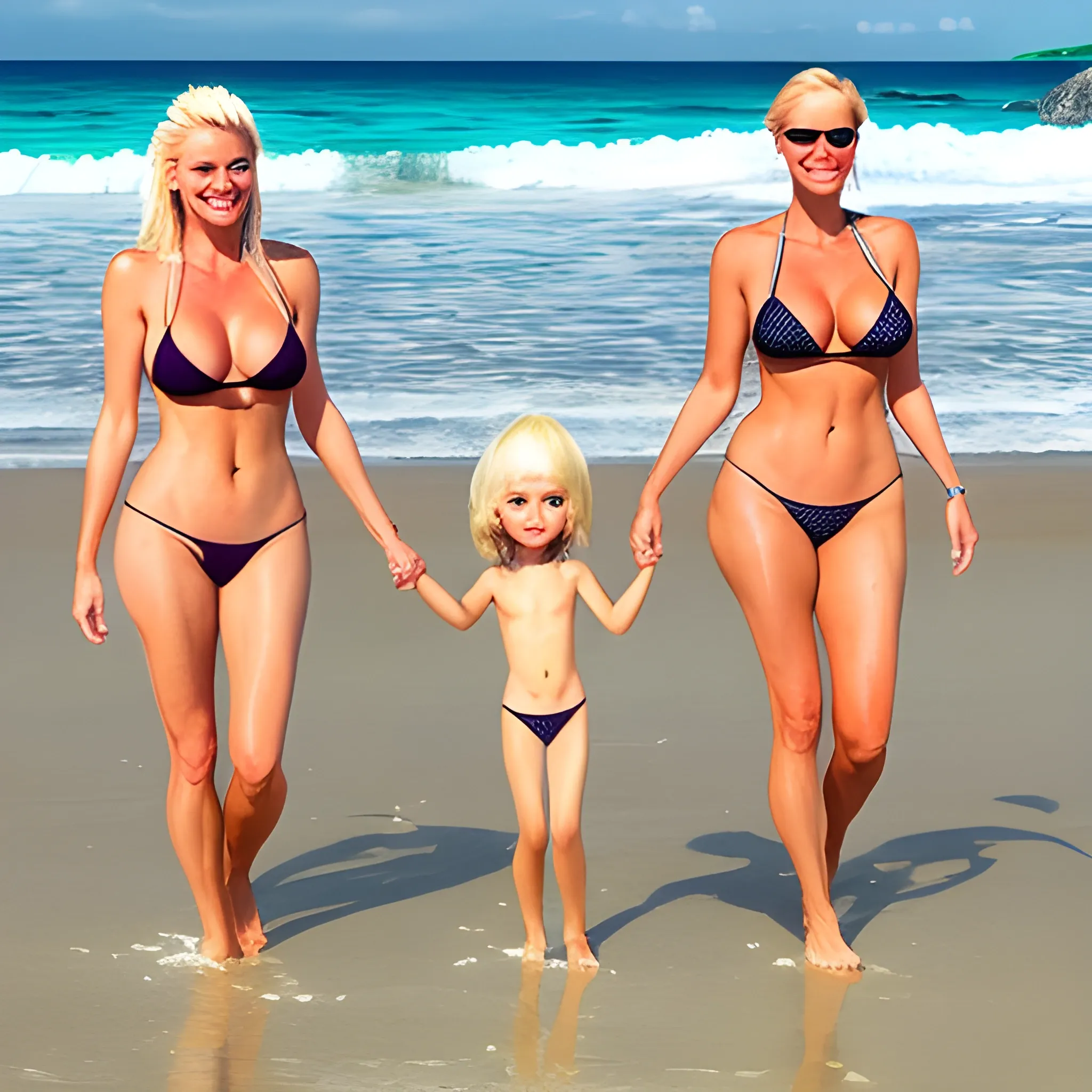 young blonde mother with two little children on tropical beach