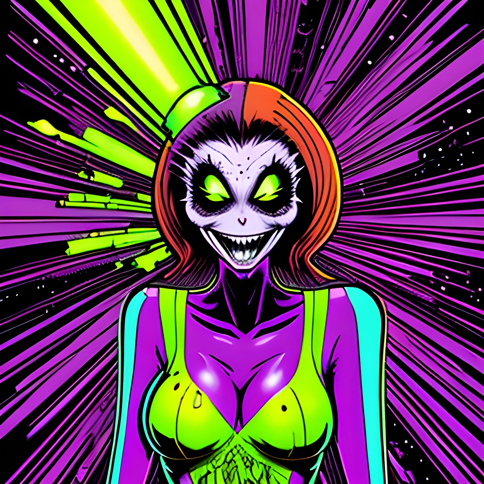 dayglo orange, neon grape purple, chartreuse green, Halloween, amethyst smoking skater girl, combine the styles of Munk One and Alex Pardee, trending on deviantart, lowbrow, heavy metal tshirt design, big smile picture, on a black background, luminous color sparkles, nebula sky