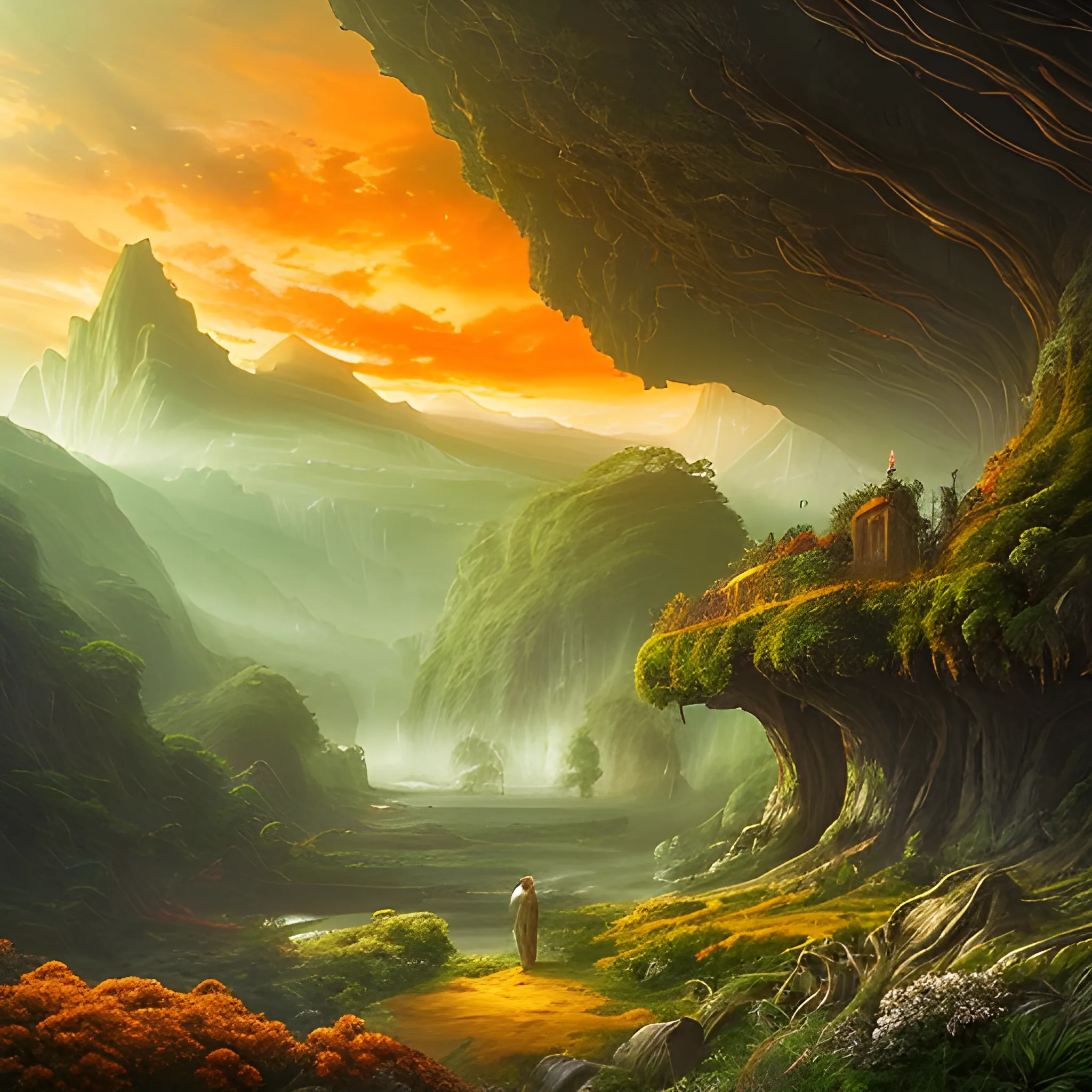 a beautiful landscape photo inspired by arcadia, cinematic atmospheric masterpiece, award winning, hyperdetailed, fantastic with warm tones of oranges and greens, wonderful with a mid-aged modern looking at this scenary knowing that the future is in her hands.