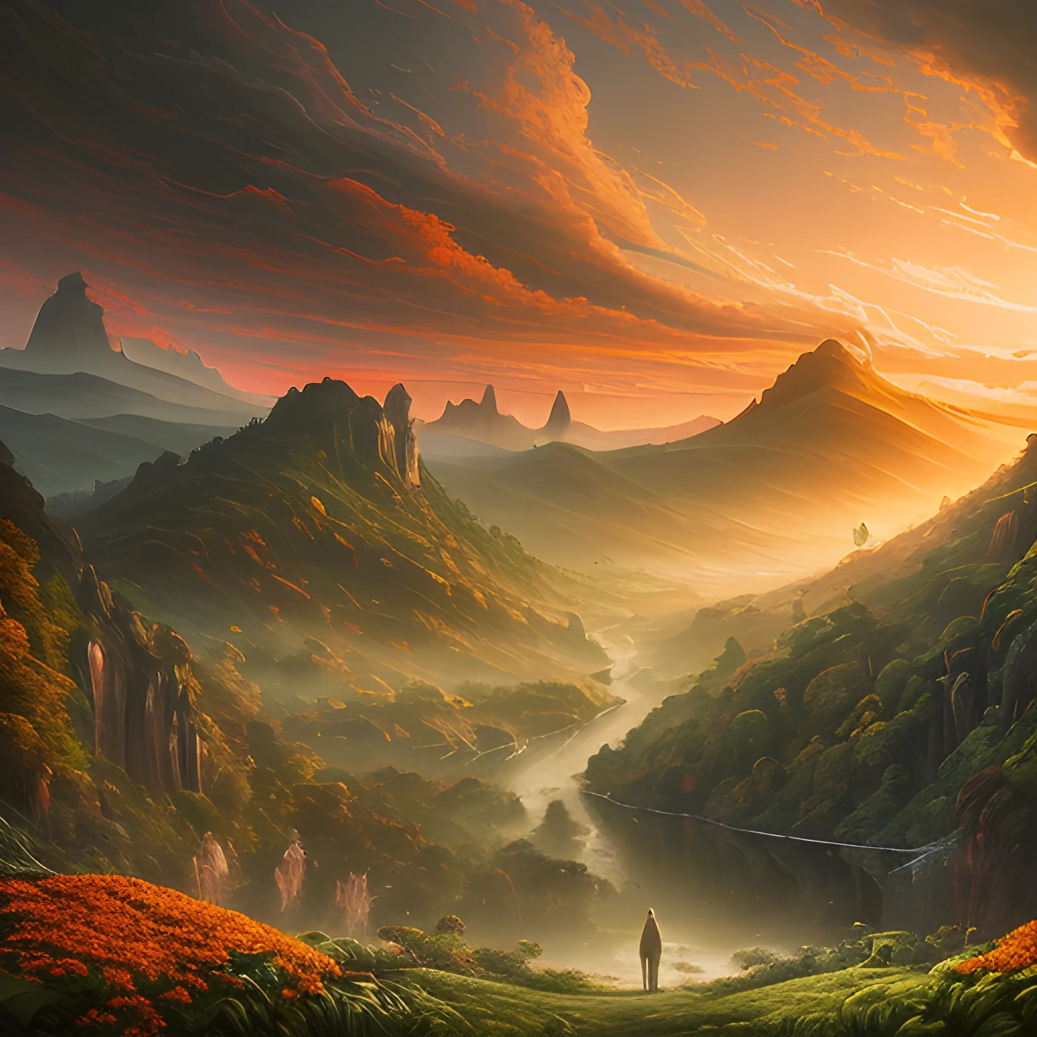 a beautiful landscape photo inspired by arcadia, cinematic atmospheric masterpiece, award winning, hyperdetailed, fantastic with warm tones of oranges and greens, wonderful at this scenary knowing that the future is in her hands.