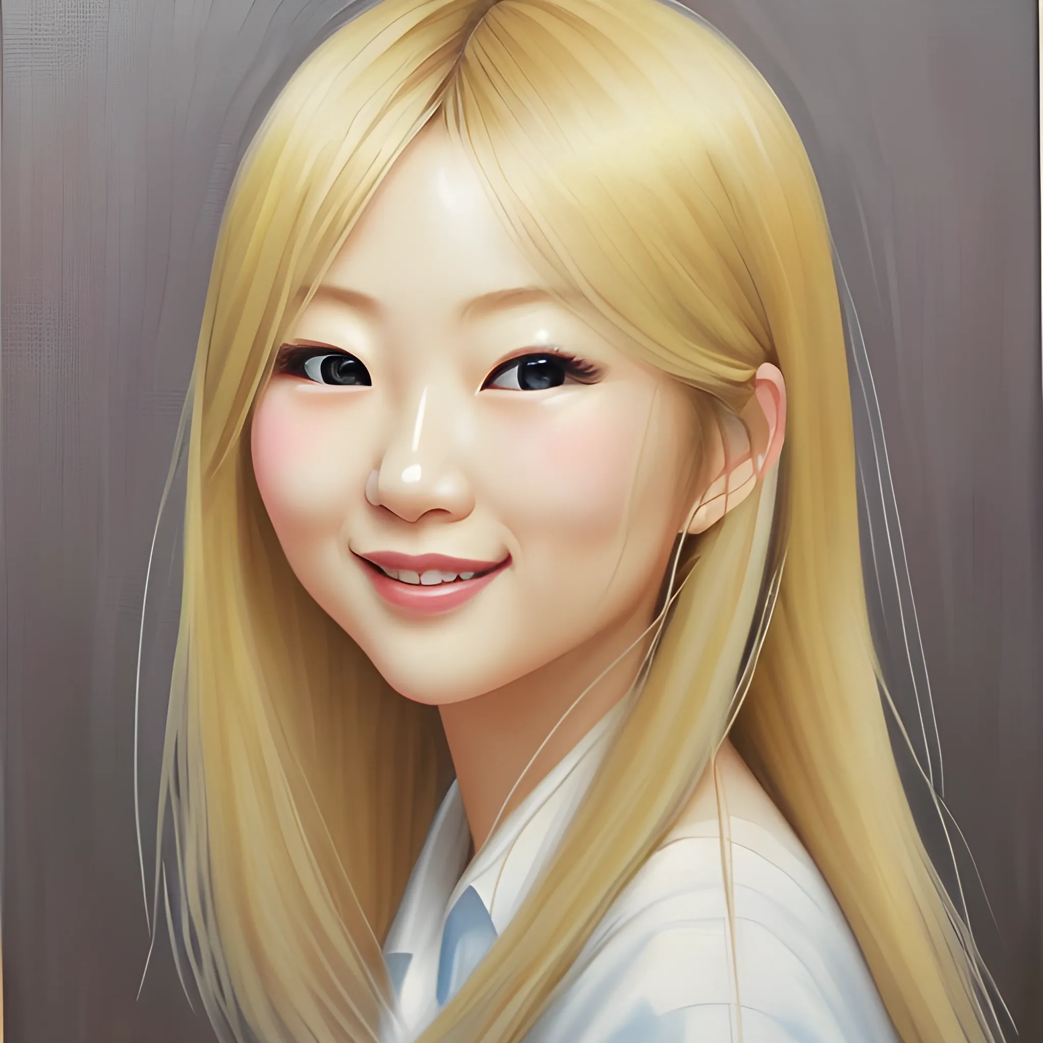 Japanese beautiful gal, photorealistic, blonde hair, Oil Painting, kissy smile