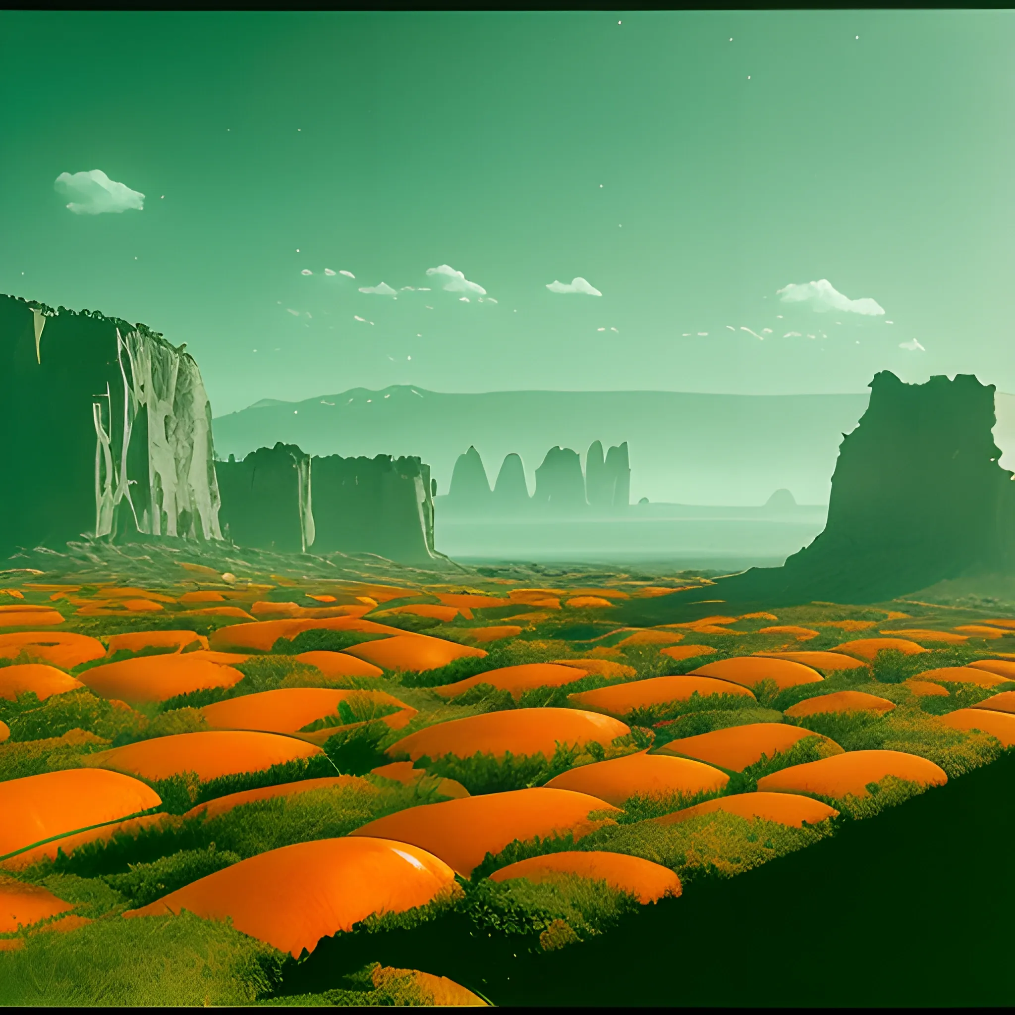 une belle photo de paysage, un chef-d'œuvre d'ambiance cinématographique, primé, hyperdétaillé, fantastique avec des tons chauds d'oranges et de verts