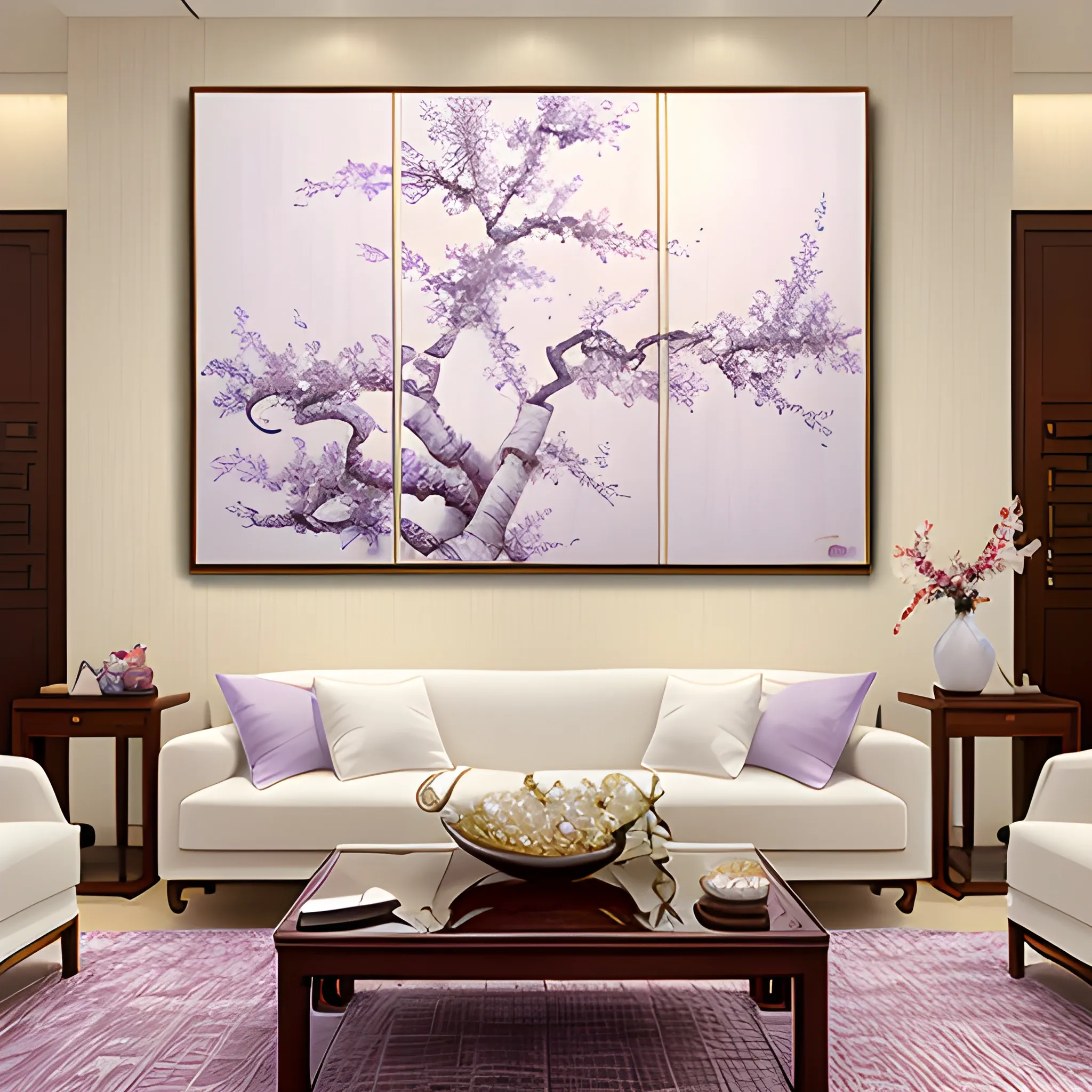 {best quality}, {{masterpiece}}, {realistic},white and lilac theme, chinese style, traditional, indoor,wooden furnitue, Oil Painting