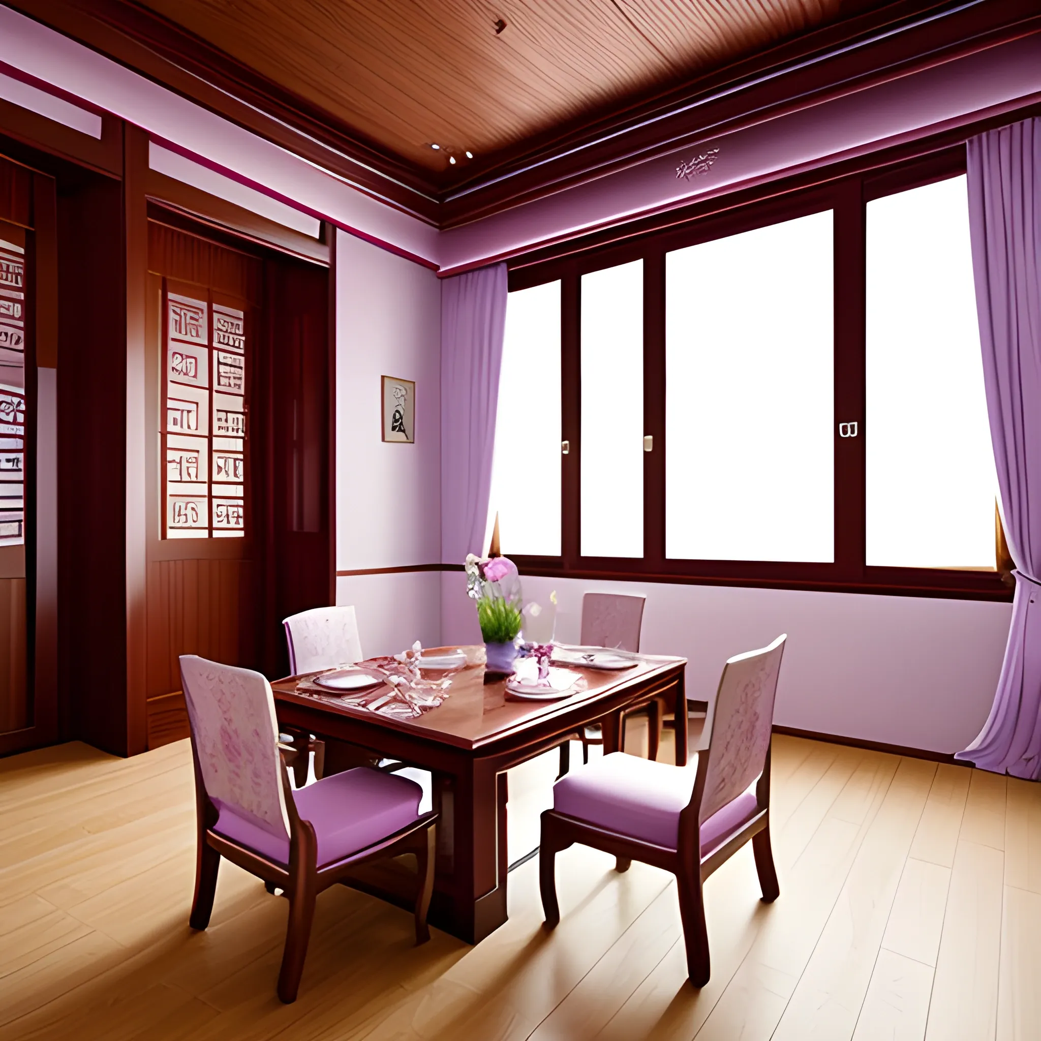 {best quality}, {{masterpiece}}, {realistic}, {professional interior design photograph}white and lilac theme, chinese style, traditional, indoor,wooden furnitue