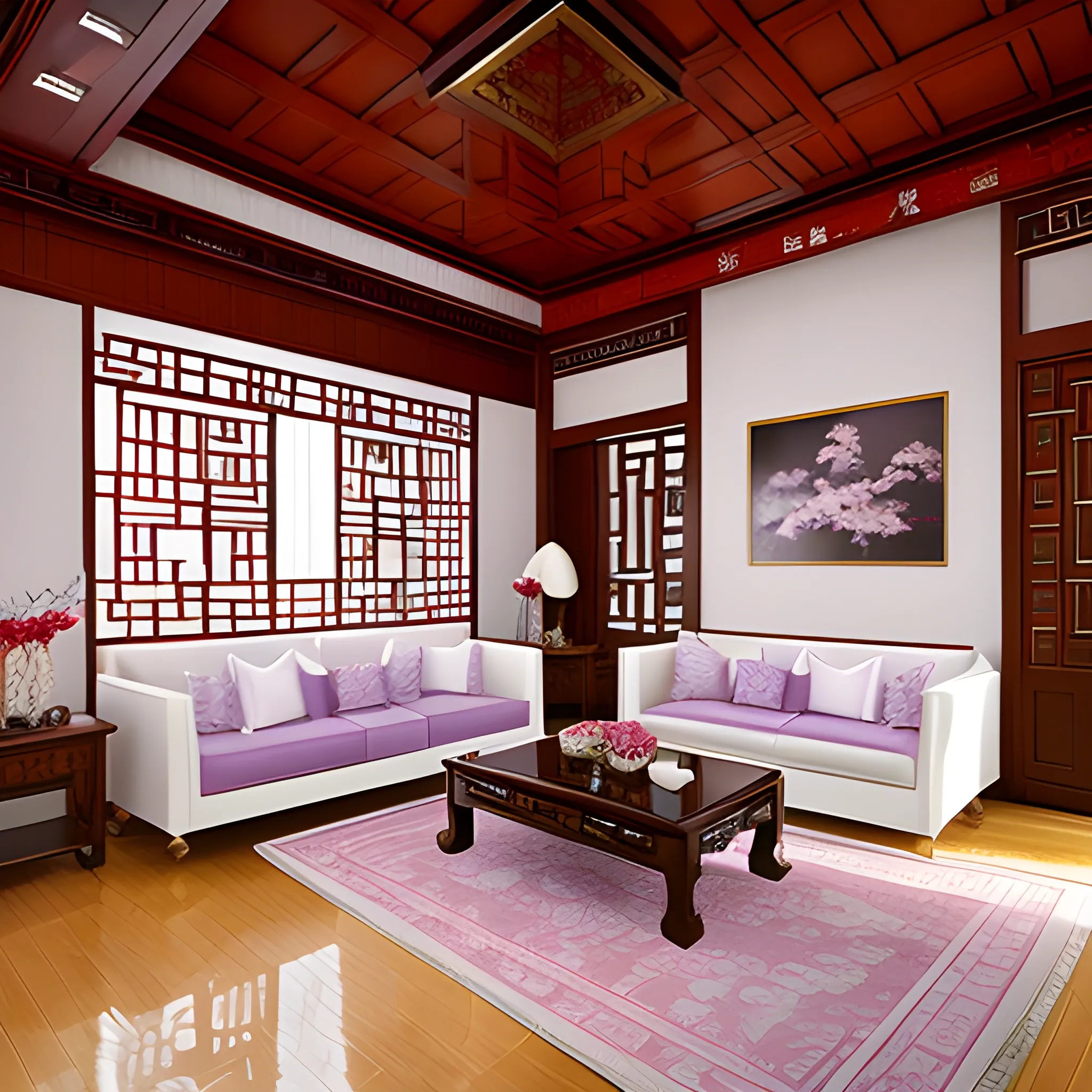 {best quality}, {{masterpiece}}, {professional interior design photograph},white and lilac theme, chinese style, traditional, indoor, living room,wooden furnitue