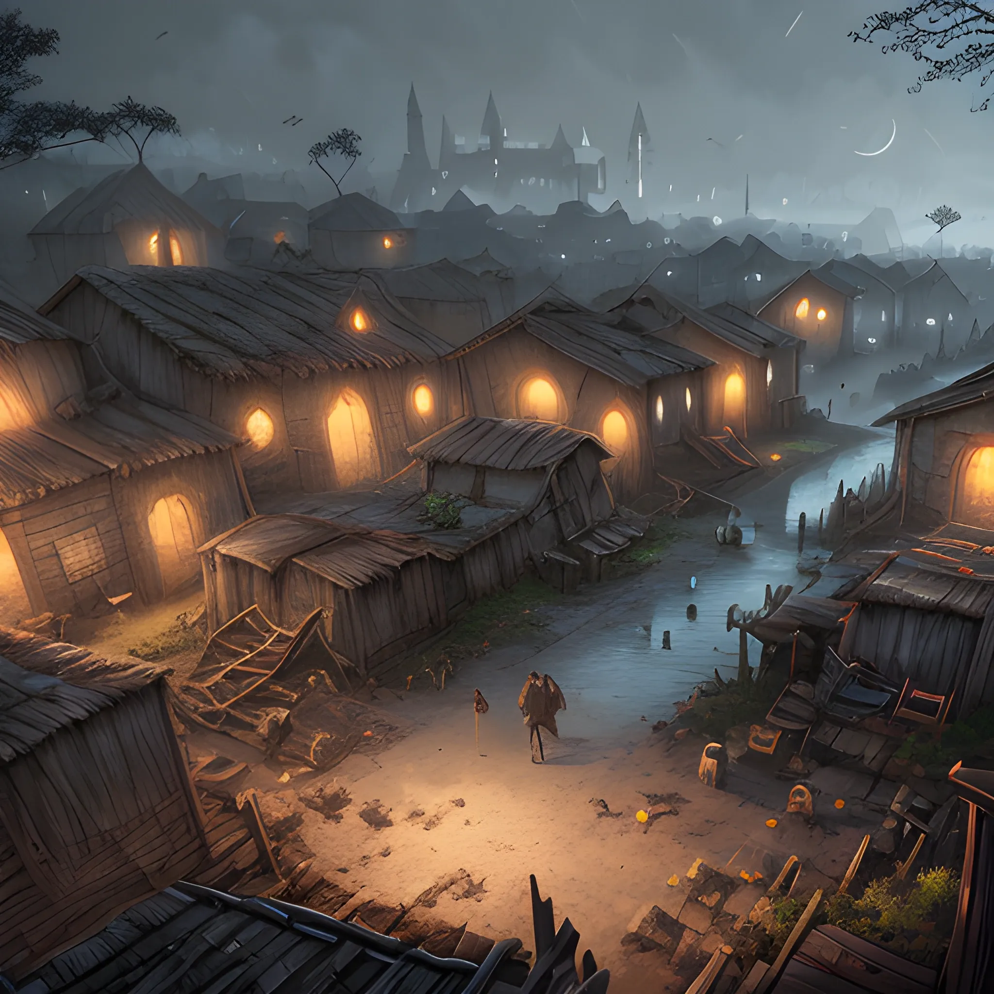 Medieval, very poor district, slums, destroyed huts, very dark, a few huts, night, dark night, without lights, 8k, high resolution, high quality, photorealistic, hyperrealistic, detailed, detailed matte painting, deep color, fantastical, intricate detail, splash screen, complementary colors, fantasy concept art, 8k resolution trending on Artstation Unreal Engine