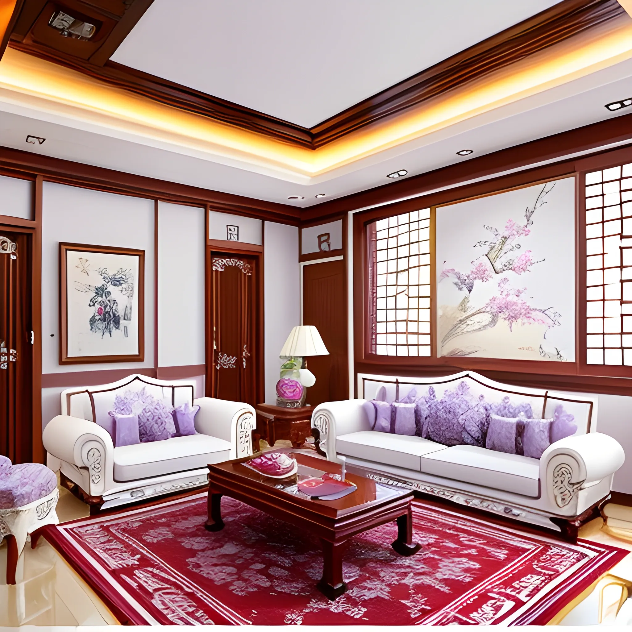 {best quality}, {{masterpiece}}, {professional interior design photograph},white, lilac, chinese style, traditional, indoor, living room,wooden furnitue