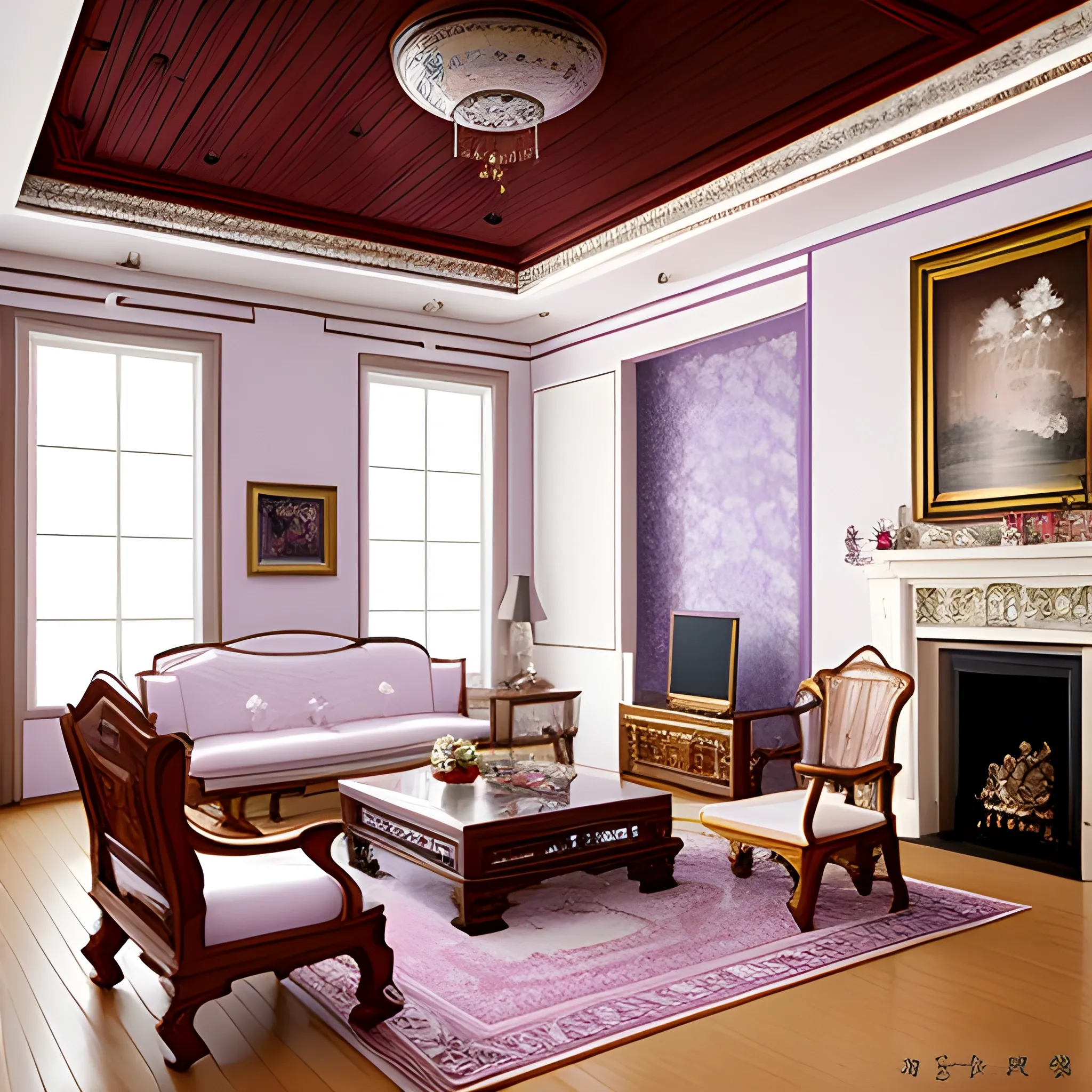 {best quality}, {{masterpiece}}, {professional interior design photograph},white, lilac, chinese style, 1800s, indoor, living room,wooden furnitue