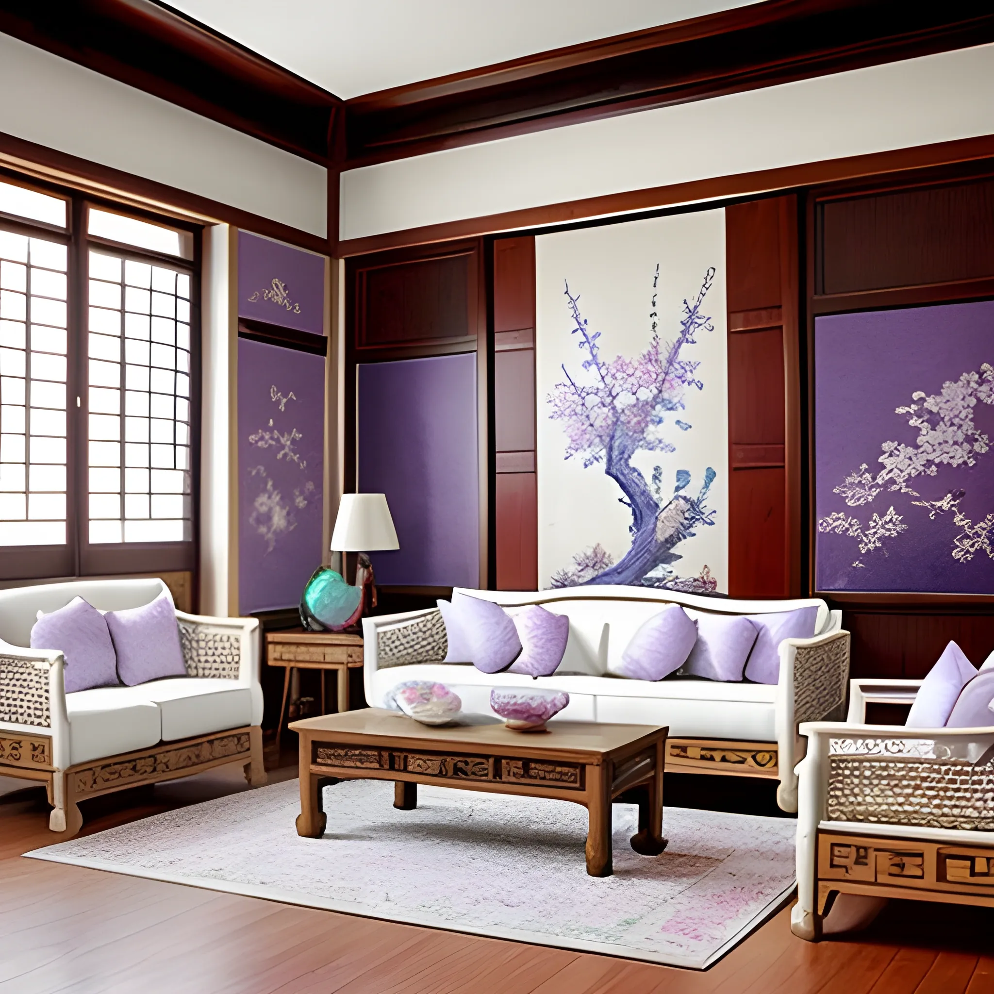 1500s , Ming dynasty living room, white, lilac
