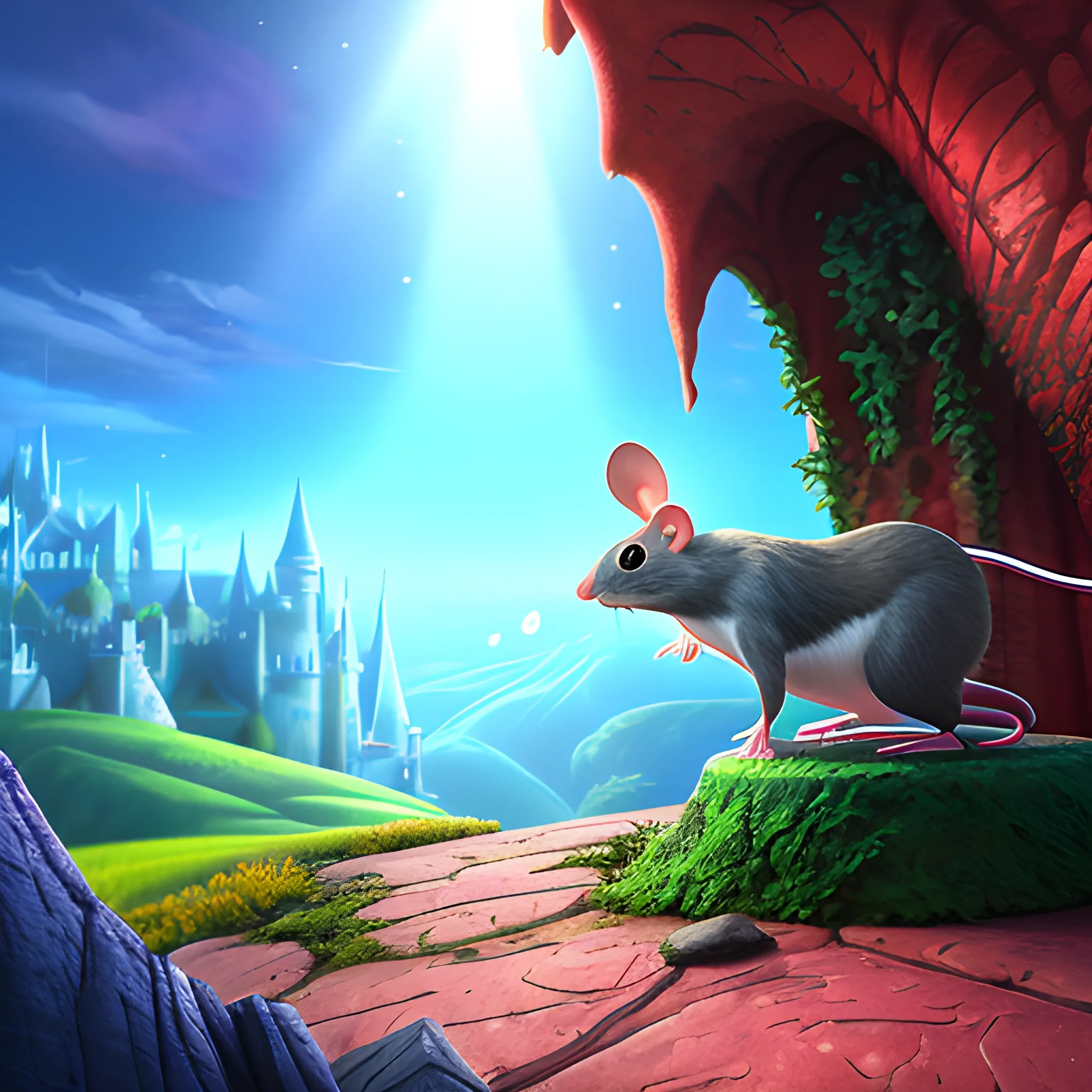 curious little mouse playing in a magical place, 3D, Cartoon