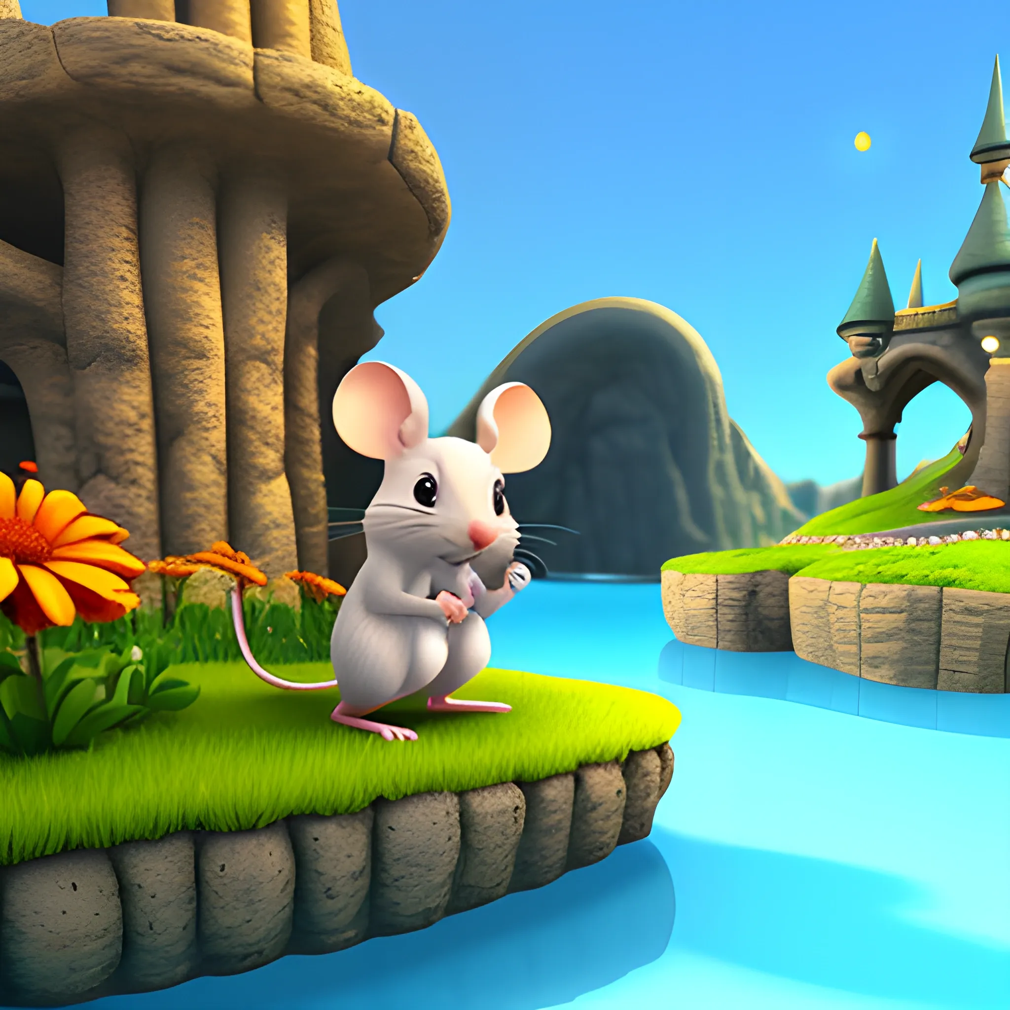 cute curious little mouse playing in a magical place, 3D, Cartoon