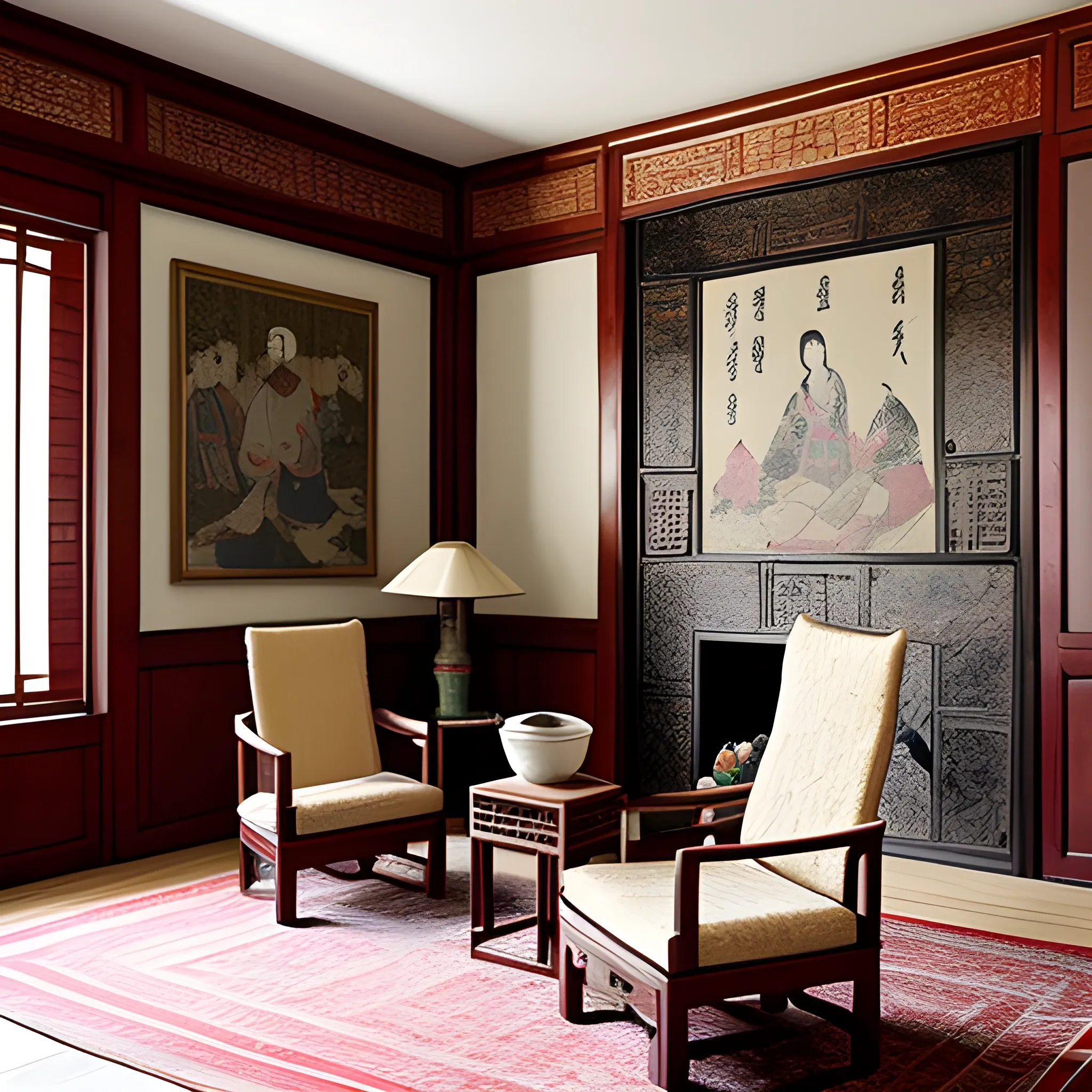 {best quality}, {{masterpiece}}, {professional interior design photograph}, flax decor
An archaic Chinese living room decorated with a pair of wooden armchairs guarding a portrait and slik tapestry in the middle of the room. A Chinese byobu standing in front of the armchairs, warding away the outsiders and protect the privacy. The main colors of this room is white and lilac.
