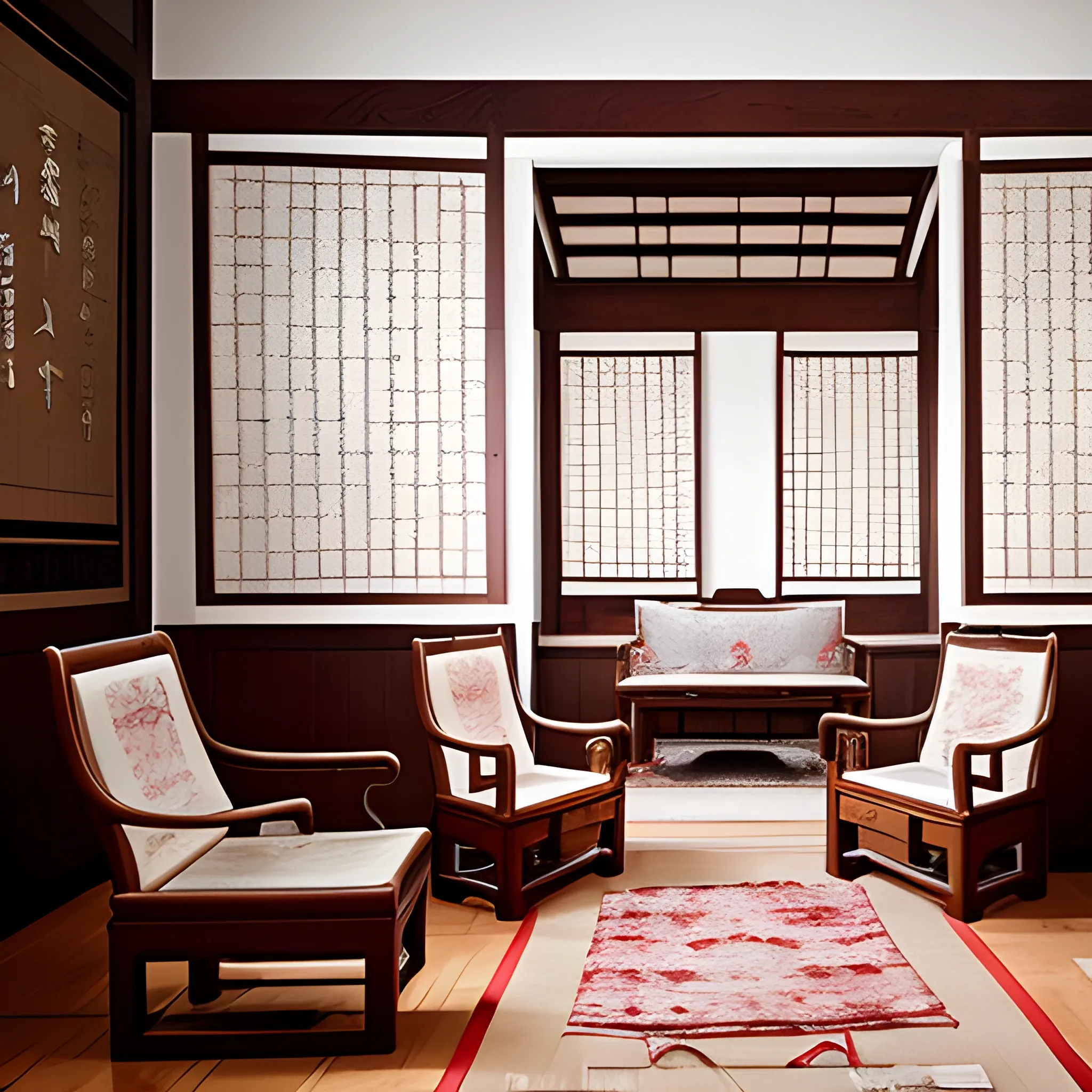 {best quality}, {{masterpiece}}, {professional interior design photograph}, flax decor, white, lilac
An archaic Chinese living room decorated with a pair of wooden armchairs guarding a portrait and slik tapestry in the middle of the room. A Chinese screen standing in front of the armchairs, warding away the outsiders and protect the privacy.
