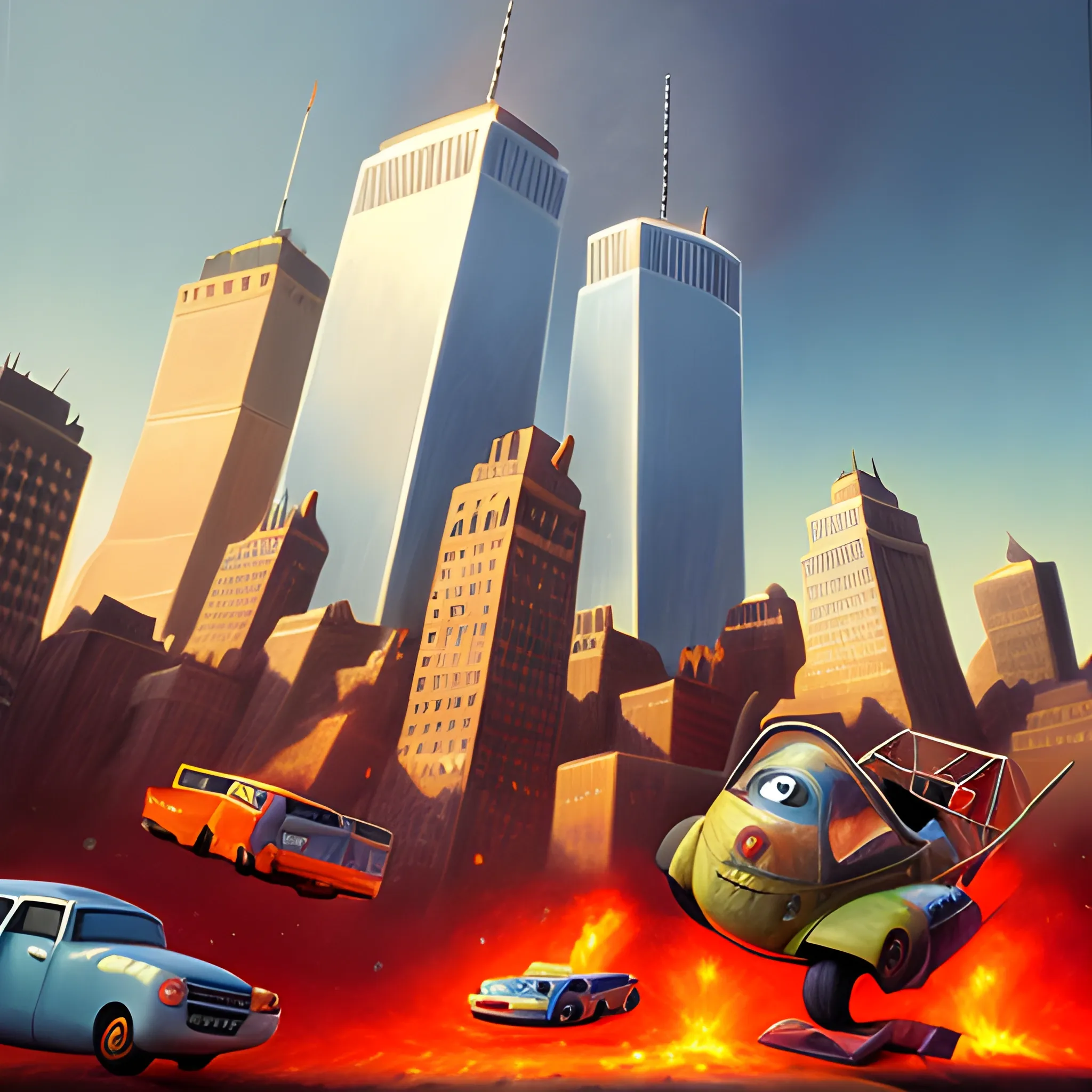 9/11 as a pixar movie, 3D, Cartoon, Oil Painting