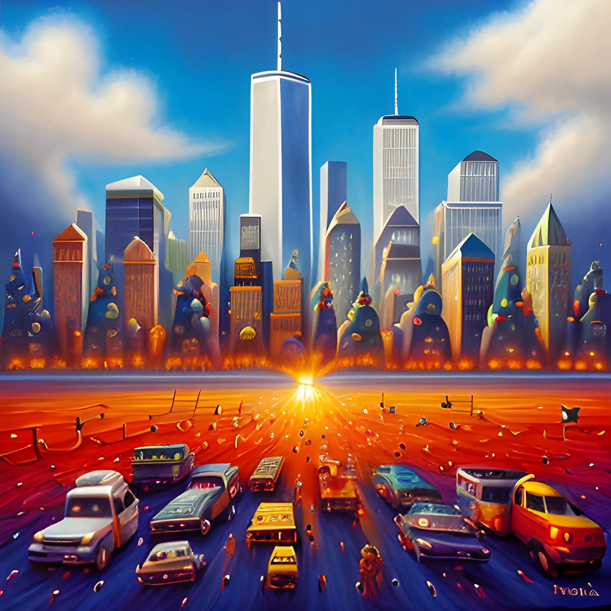 9/11 as a pixar movie, 3D, Cartoon, Oil Painting