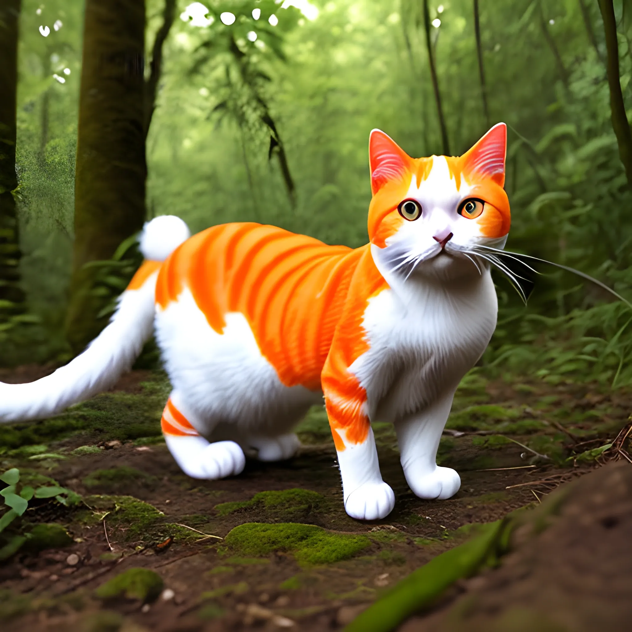 white and orange cat in a forest