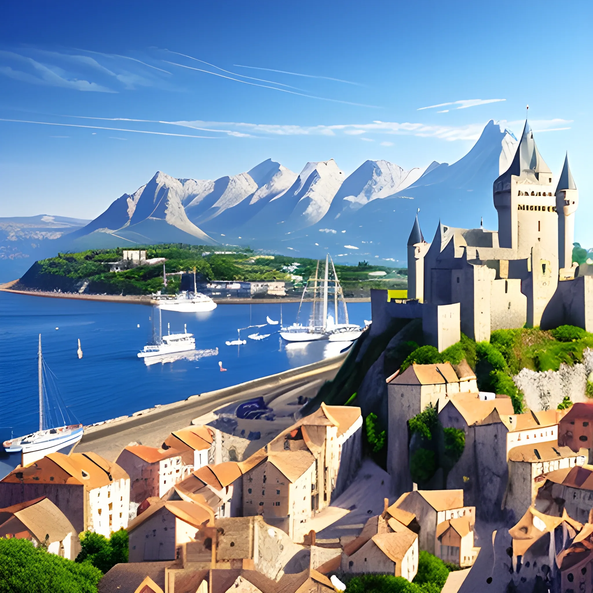 medieval city , castle , by the ocean , busy port , mountains behind 