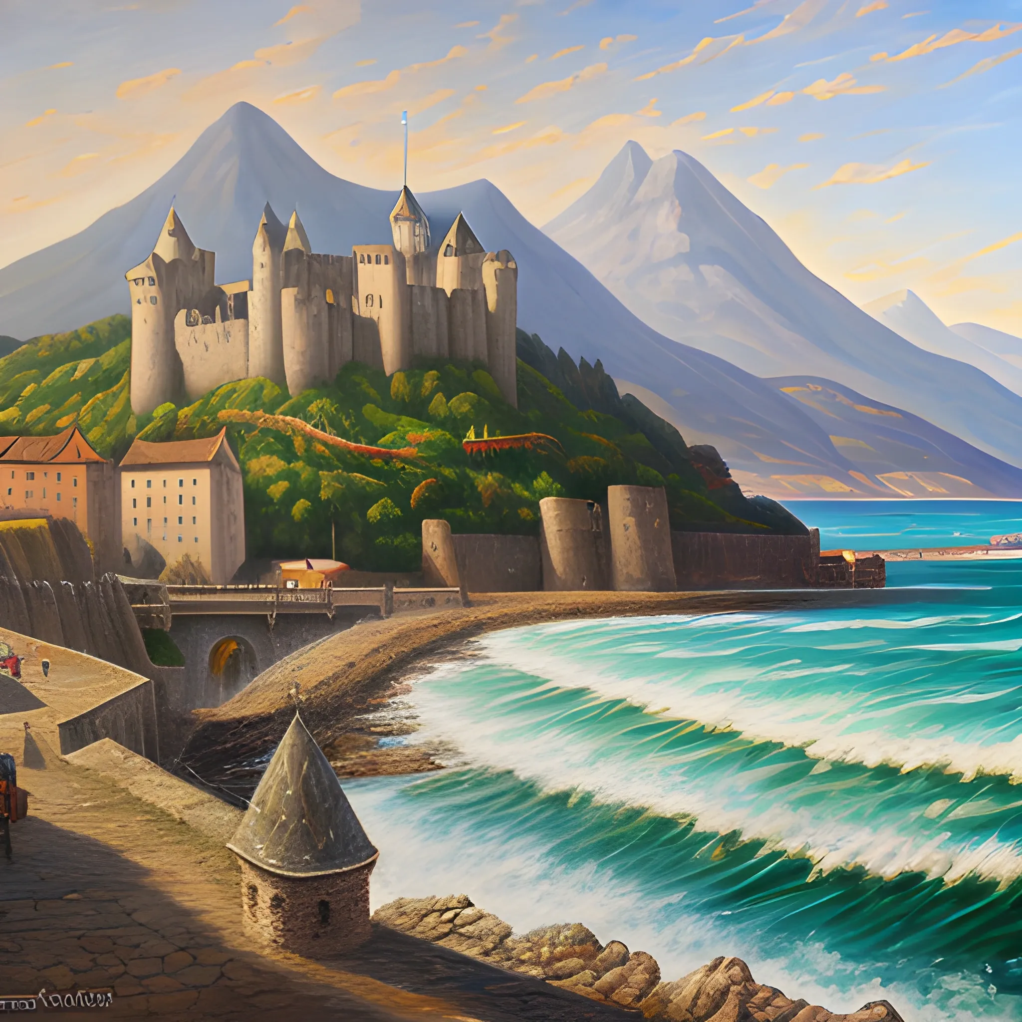 medieval city , castle , by the ocean , busy port , mountains behind , Oil Painting