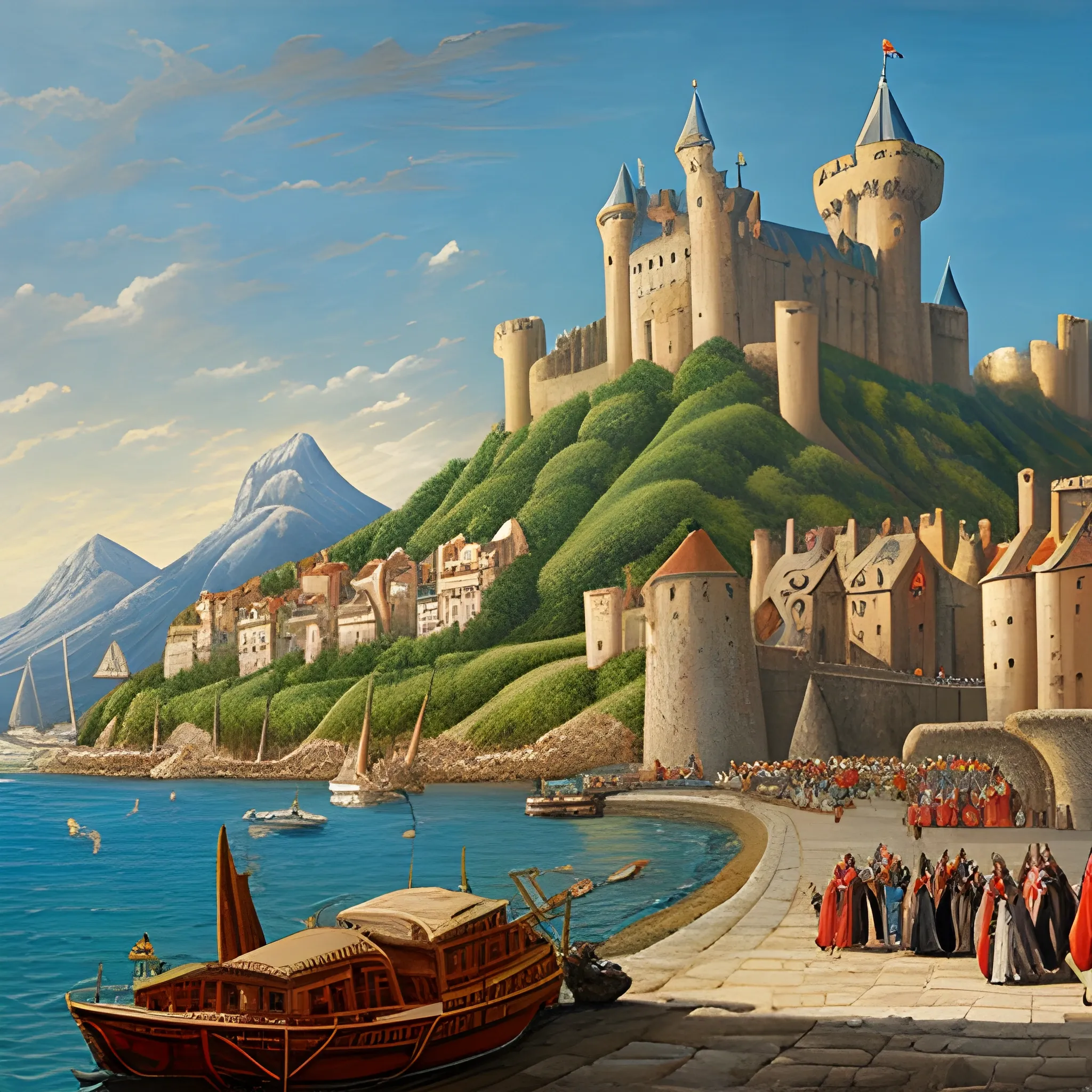 large medieval city , castle , by the ocean , busy port , mountains behind , Oil Painting